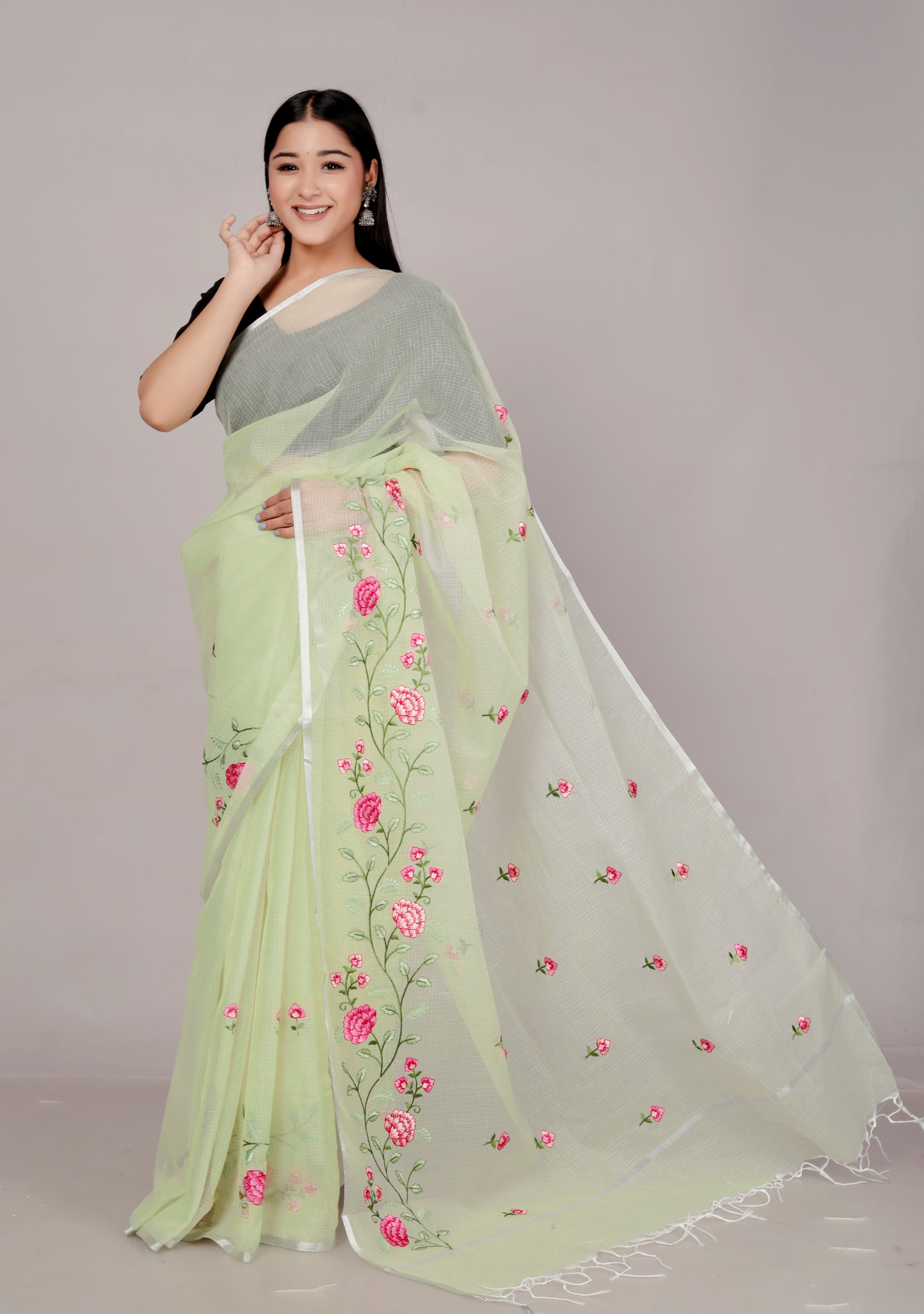 RAJGLOBAL Self Design Embroidered Kota Doria Cotton Blend Saree with Unstitched Blouse pista green