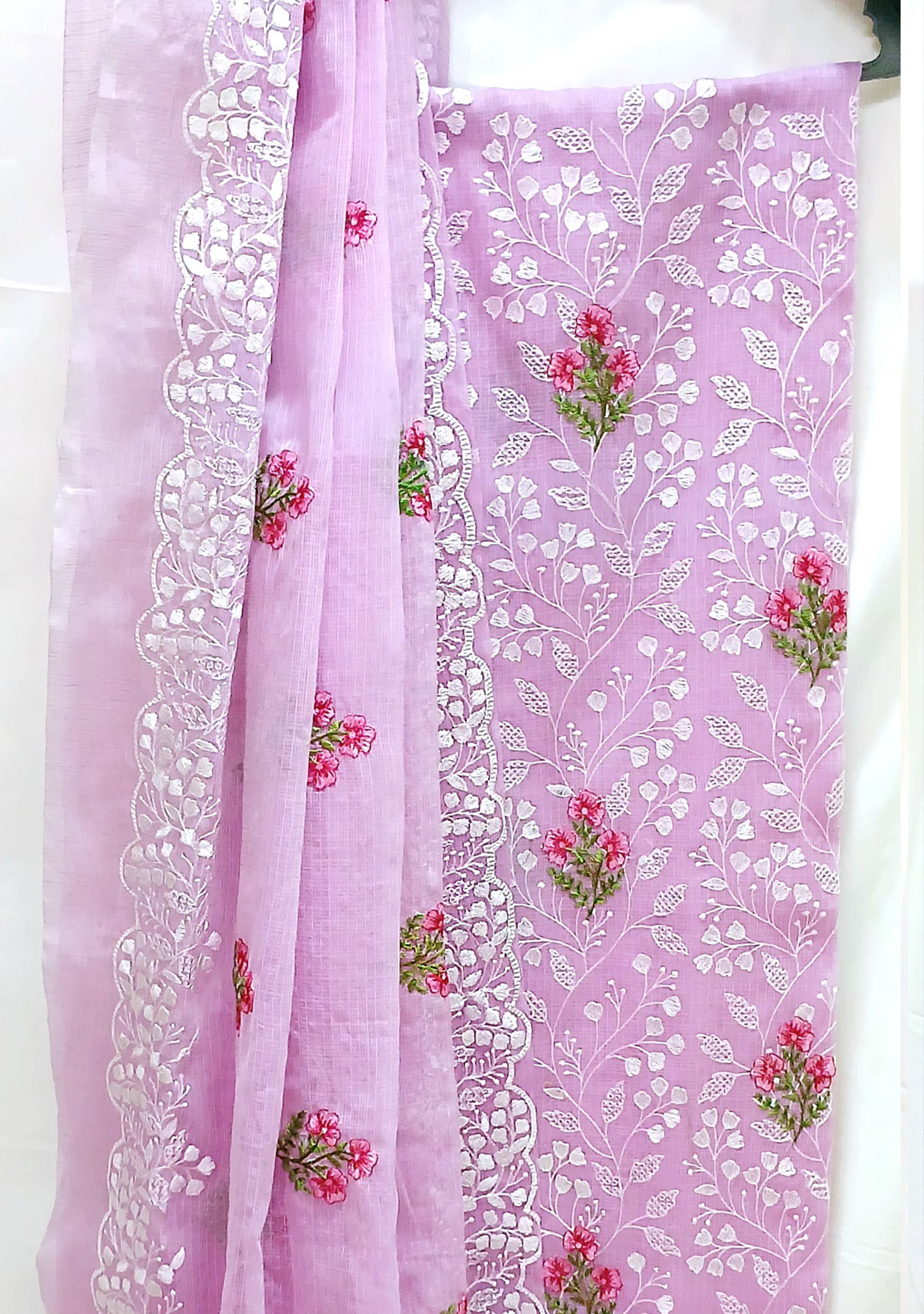 RAJGLOBAL Kota Doria Cotton Blend Suit, Designer Embroidered, 2.5 Metre Top with Dupatta, Pink
