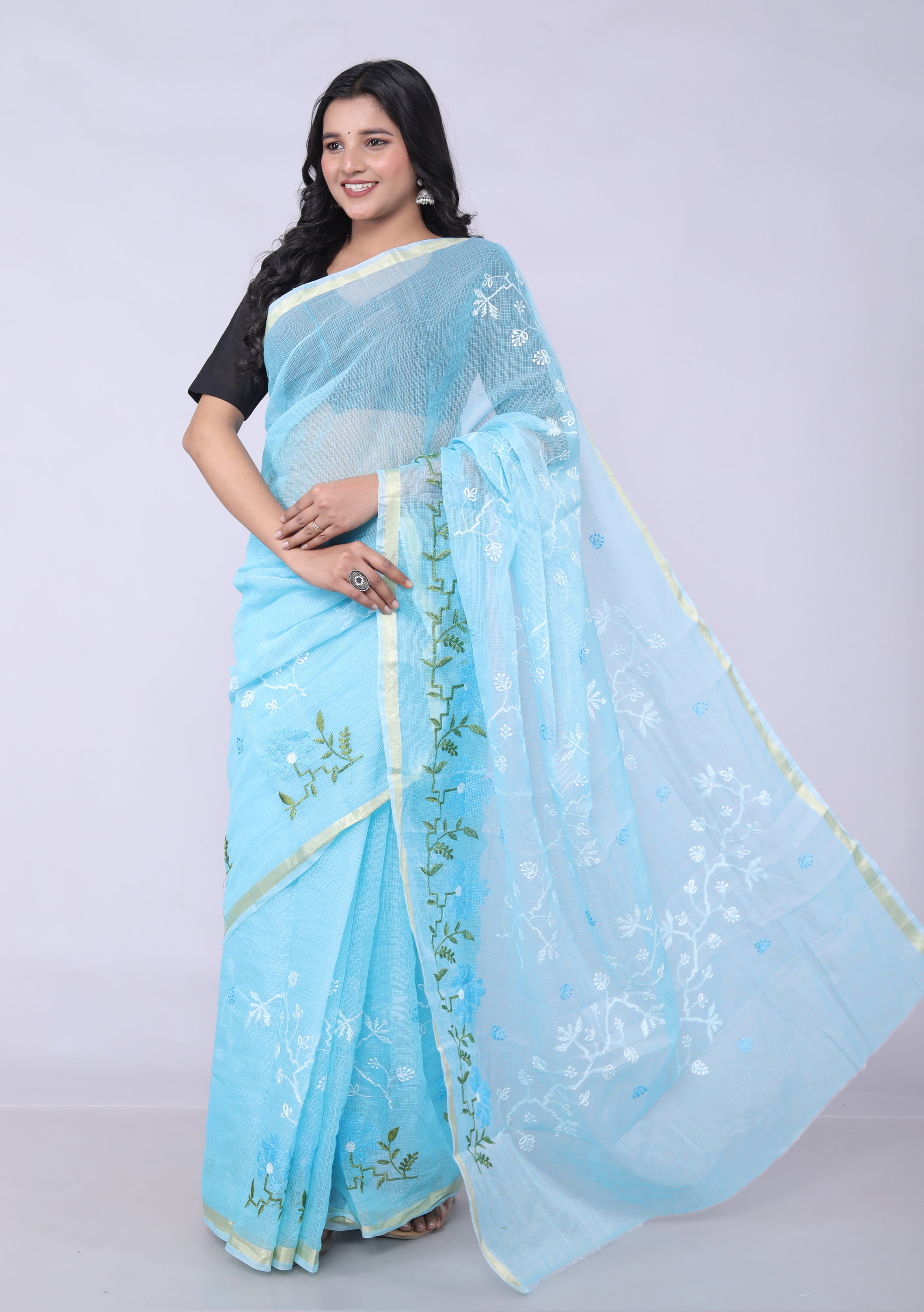 RAJGLOBAL Self Design Embroidered Kota Doria Cotton Blend Saree with Unstitched Blouse skyblue design 22