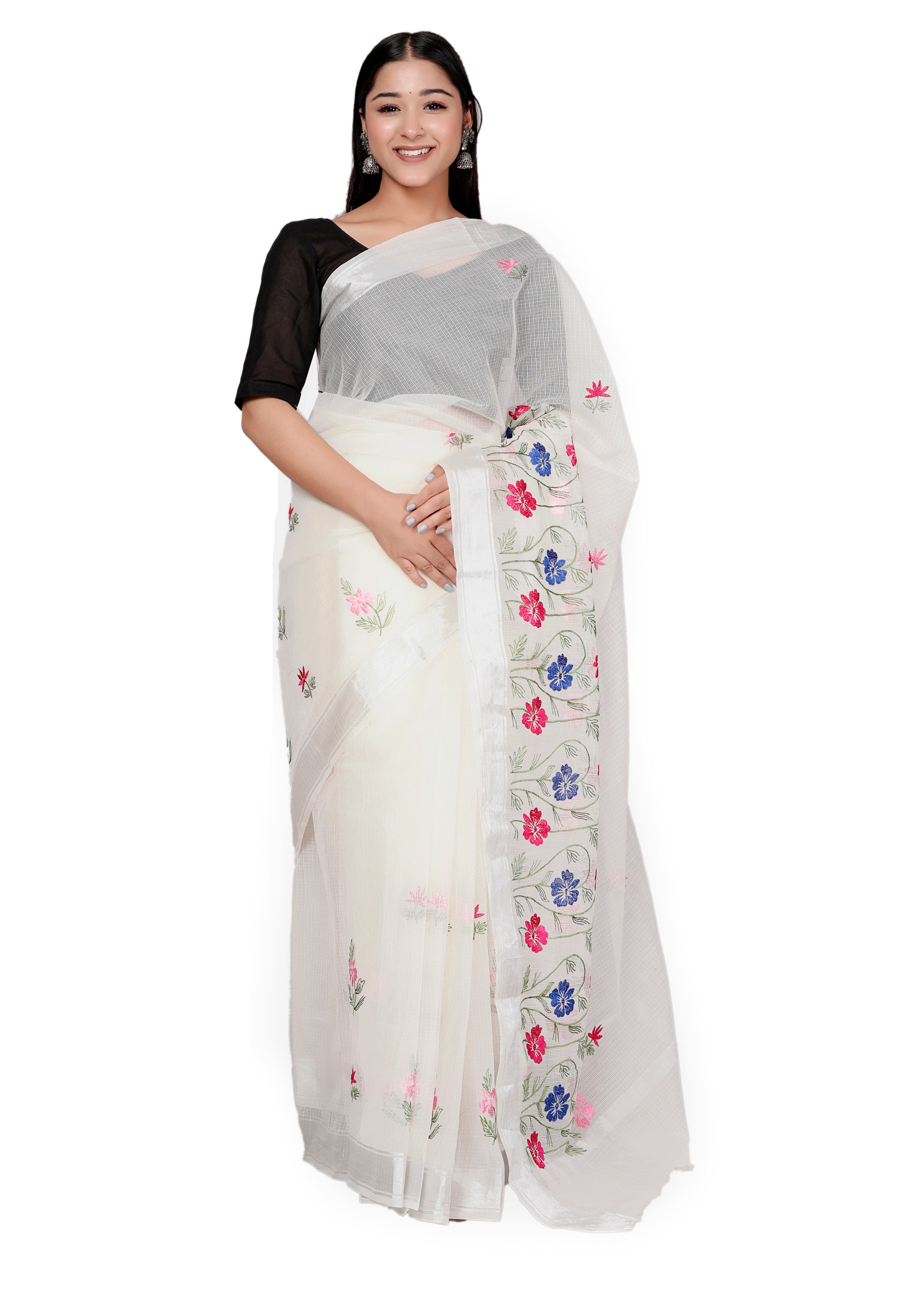 RAJGLOBAL Self Design Embroidered Kota Doria Cotton Blend Saree with Unstitched Blouse gray_11