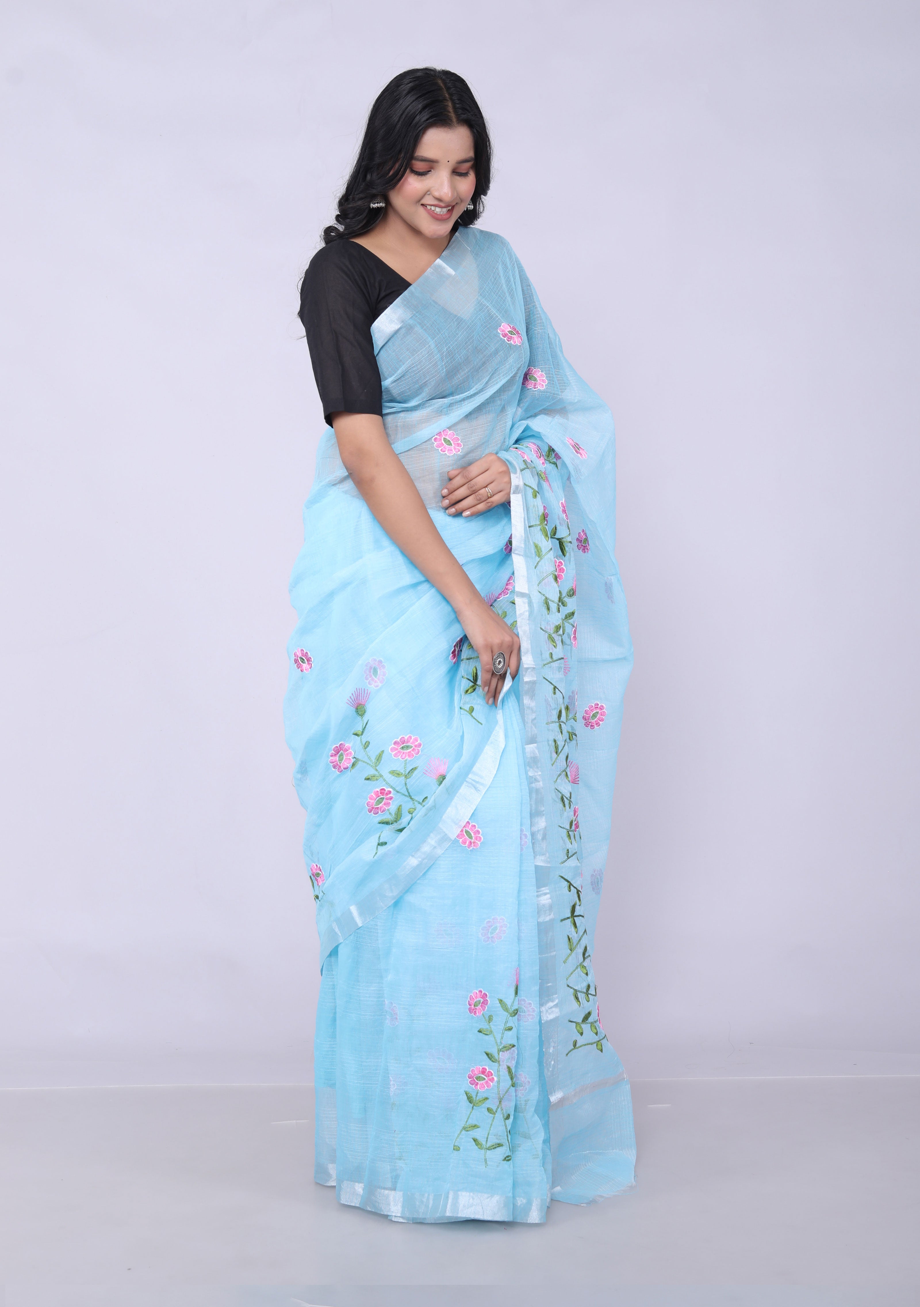 RAJGLOBAL Self Design Embroidered Kota Doria Cotton Blend Saree with Unstitched Blouse