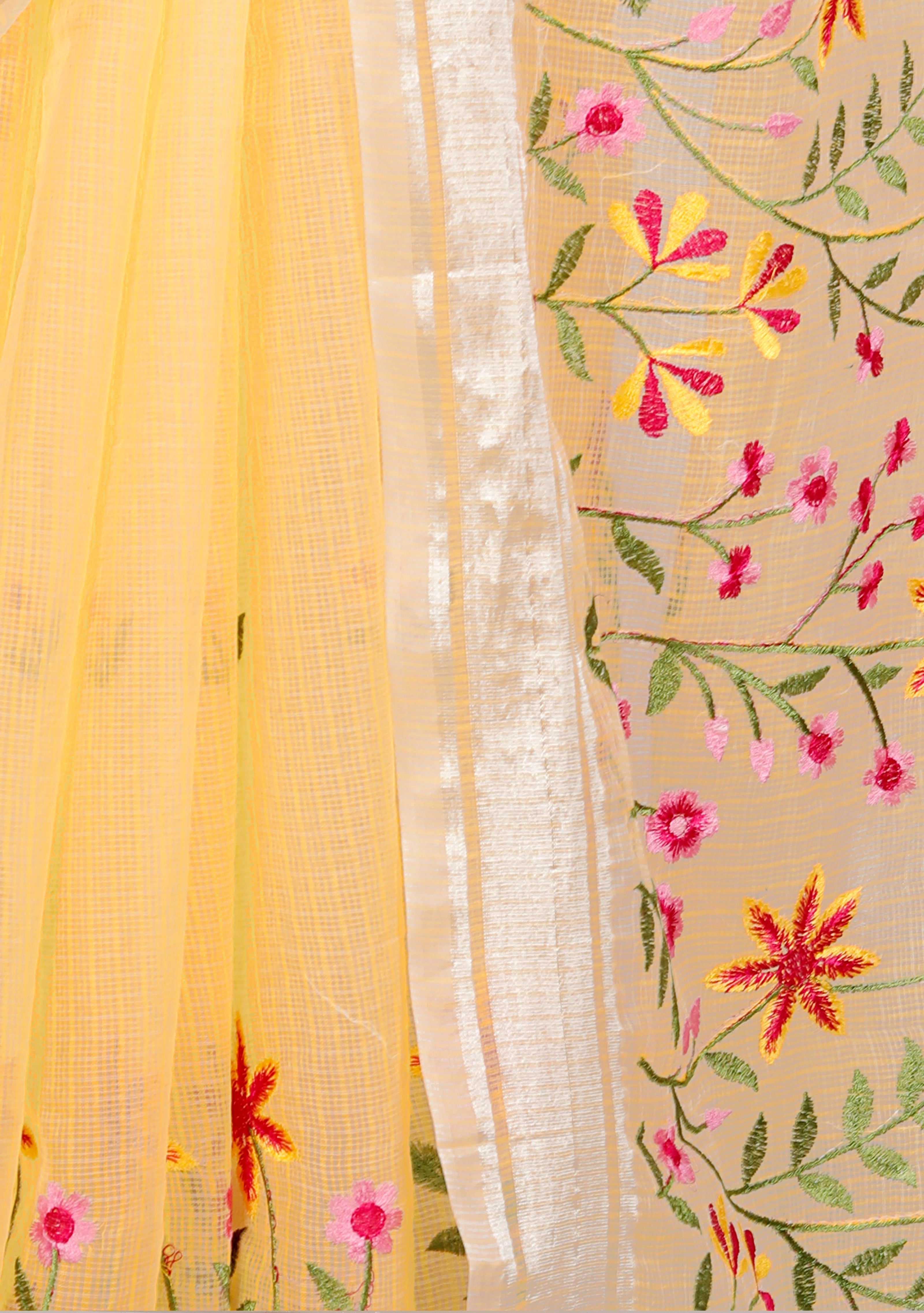 RAJGLOBAL Self Design Embroidered Kota Doria Cotton Blend Saree with Unstitched Blouse yellow red