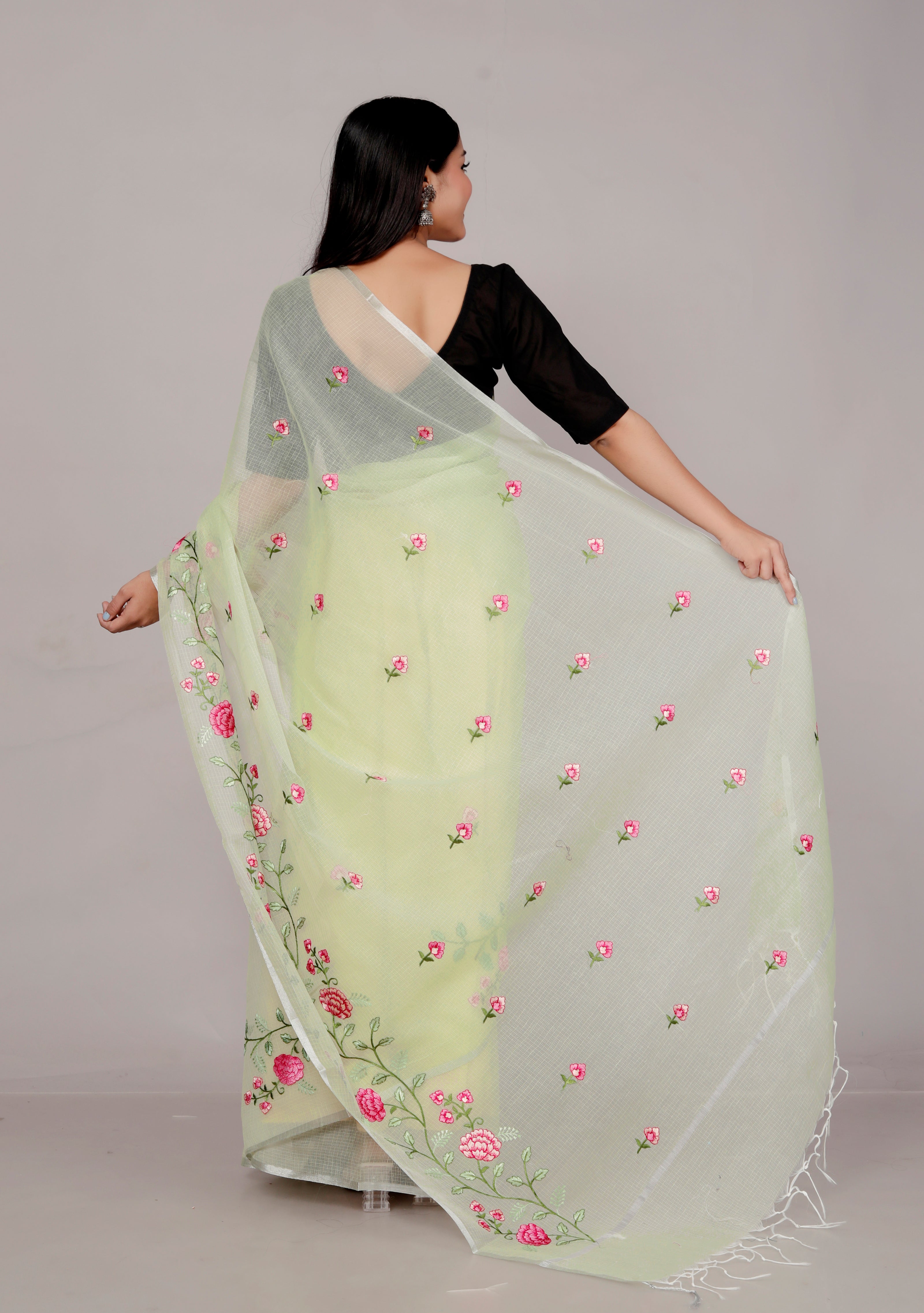 RAJGLOBAL Self Design Embroidered Kota Doria Cotton Blend Saree with Unstitched Blouse pista green