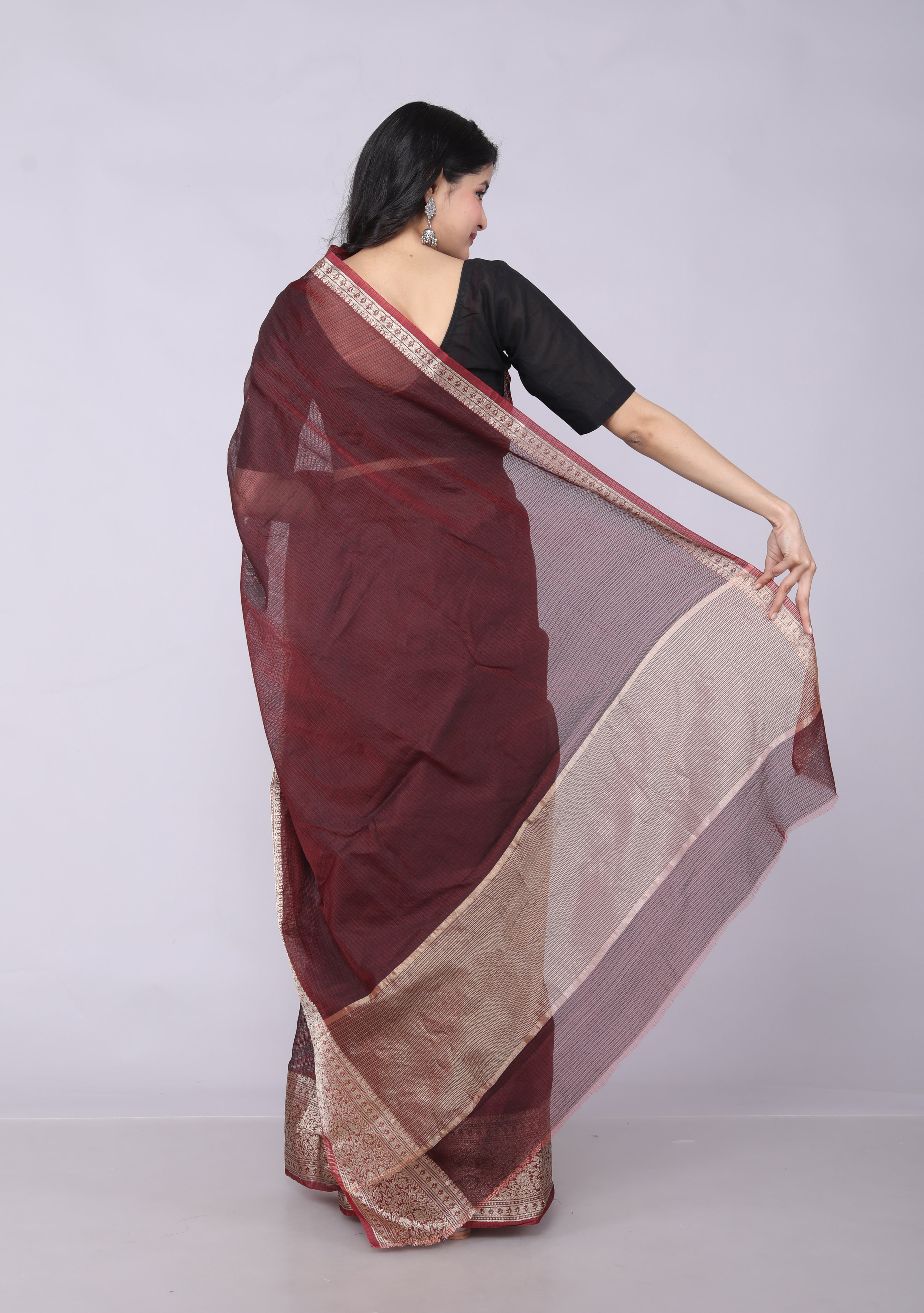 RAJGLOBAL Kota Doria Broad Zari Cotton Blend Saree with Unstitched Blouse coffee