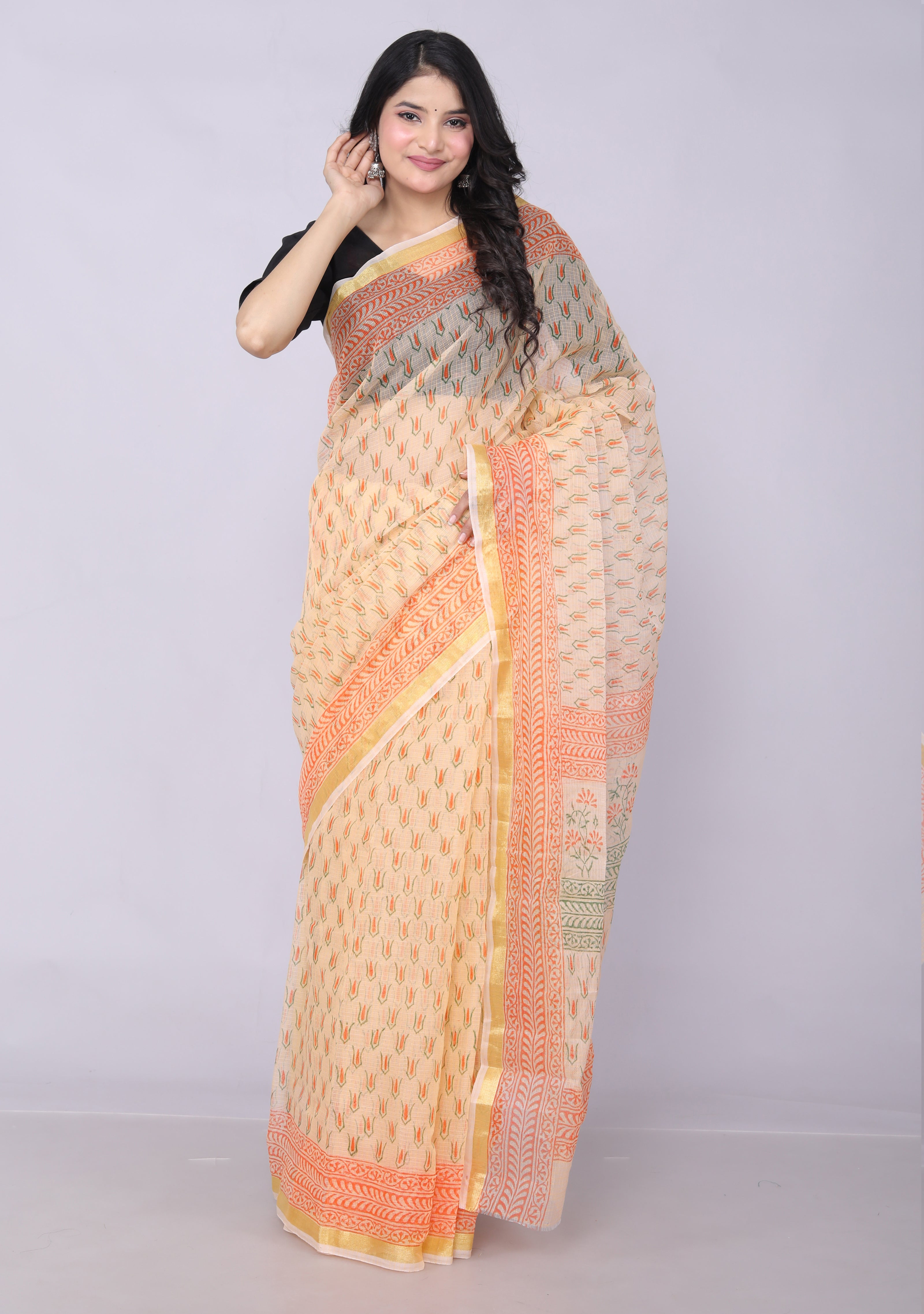 RAJGLOBAL Kota Doria Broad Zari Cotton Blend Saree with Unstitched Blouse Red