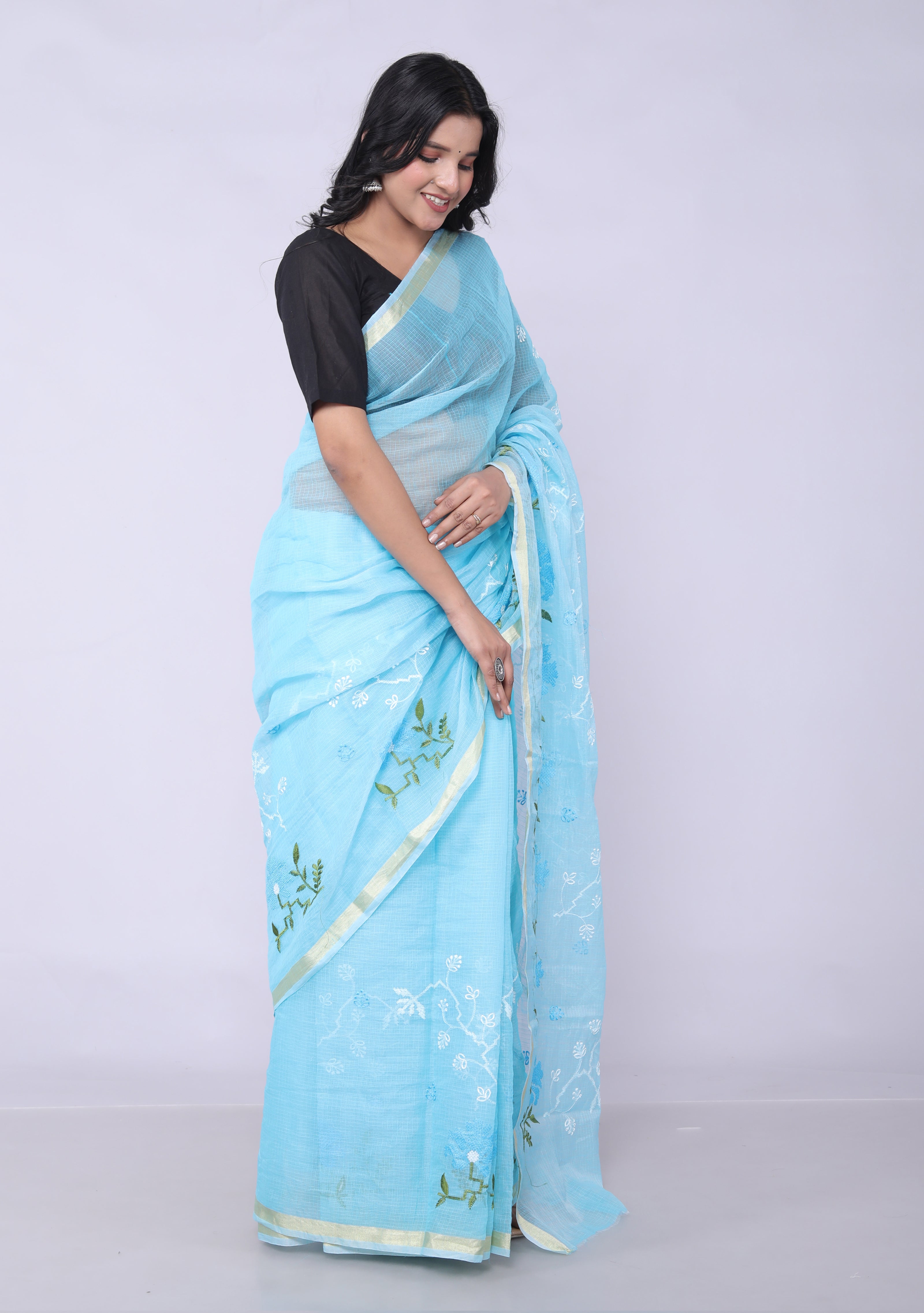 RAJGLOBAL Self Design Embroidered Kota Doria Cotton Blend Saree with Unstitched Blouse skyblue design 22