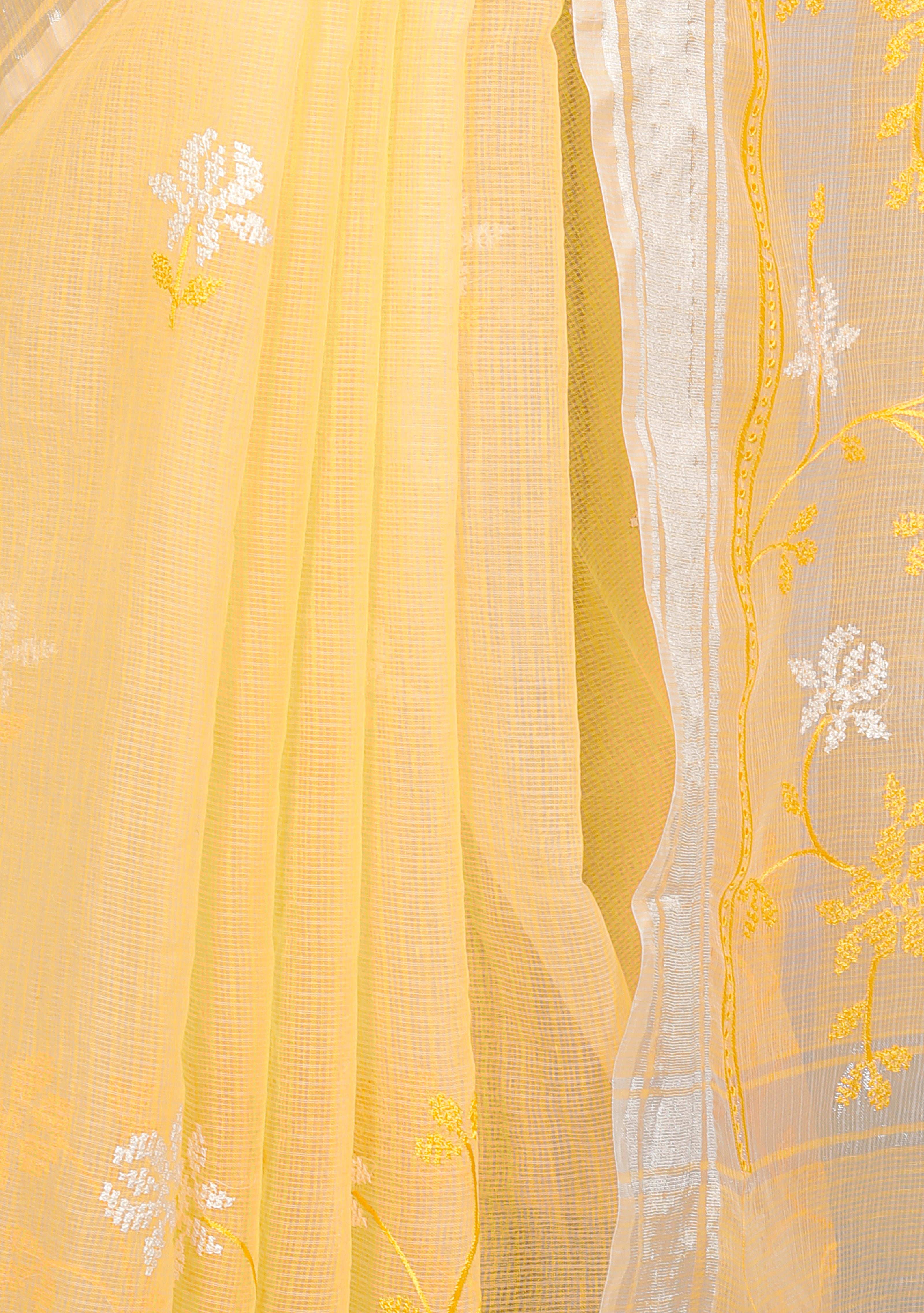RAJGLOBAL Self Design Embroidered Kota Doria Cotton Blend Saree with Unstitched Blouse yellow white