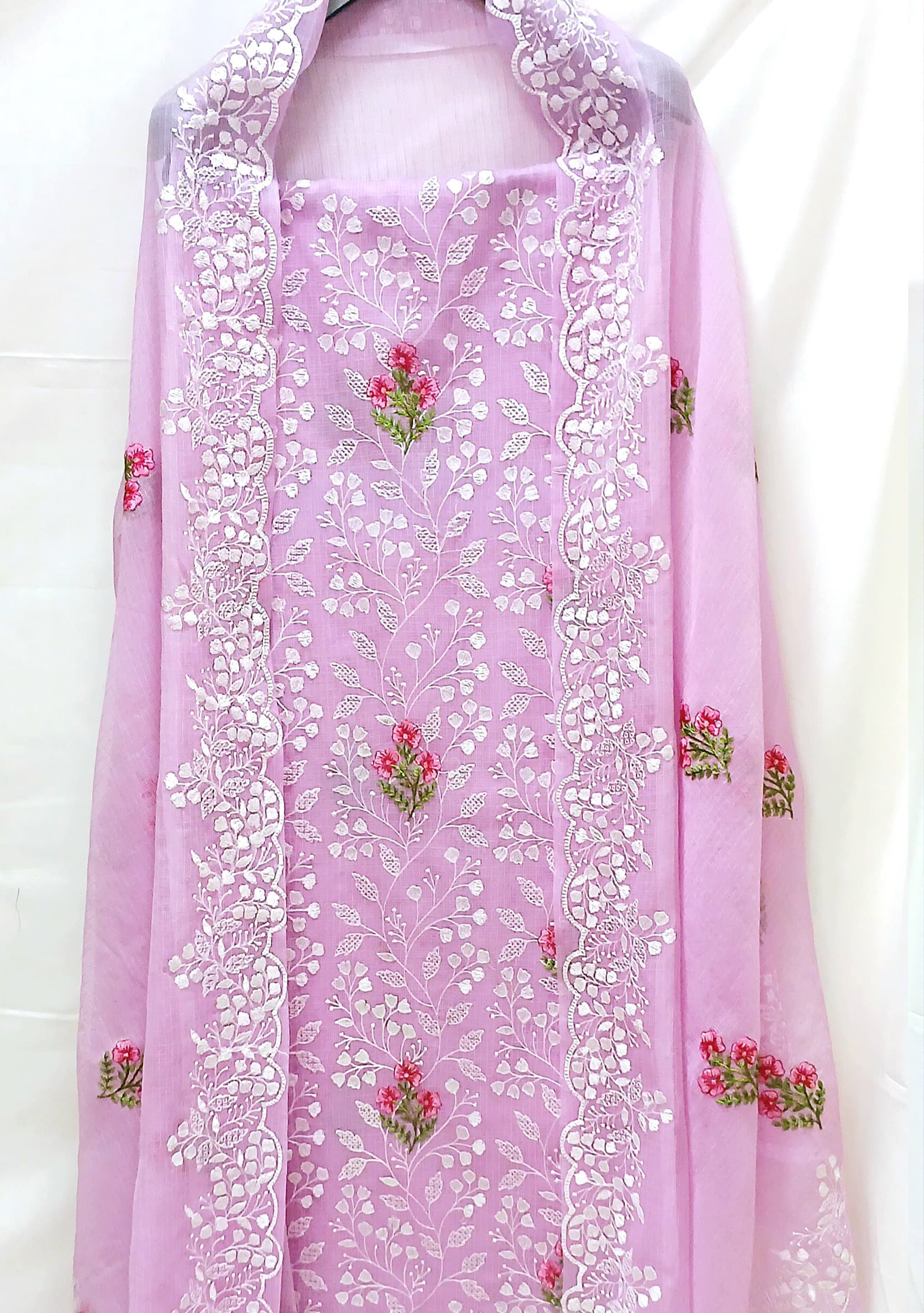 RAJGLOBAL Kota Doria Cotton Blend Suit, Designer Embroidered, 2.5 Metre Top with Dupatta, Pink