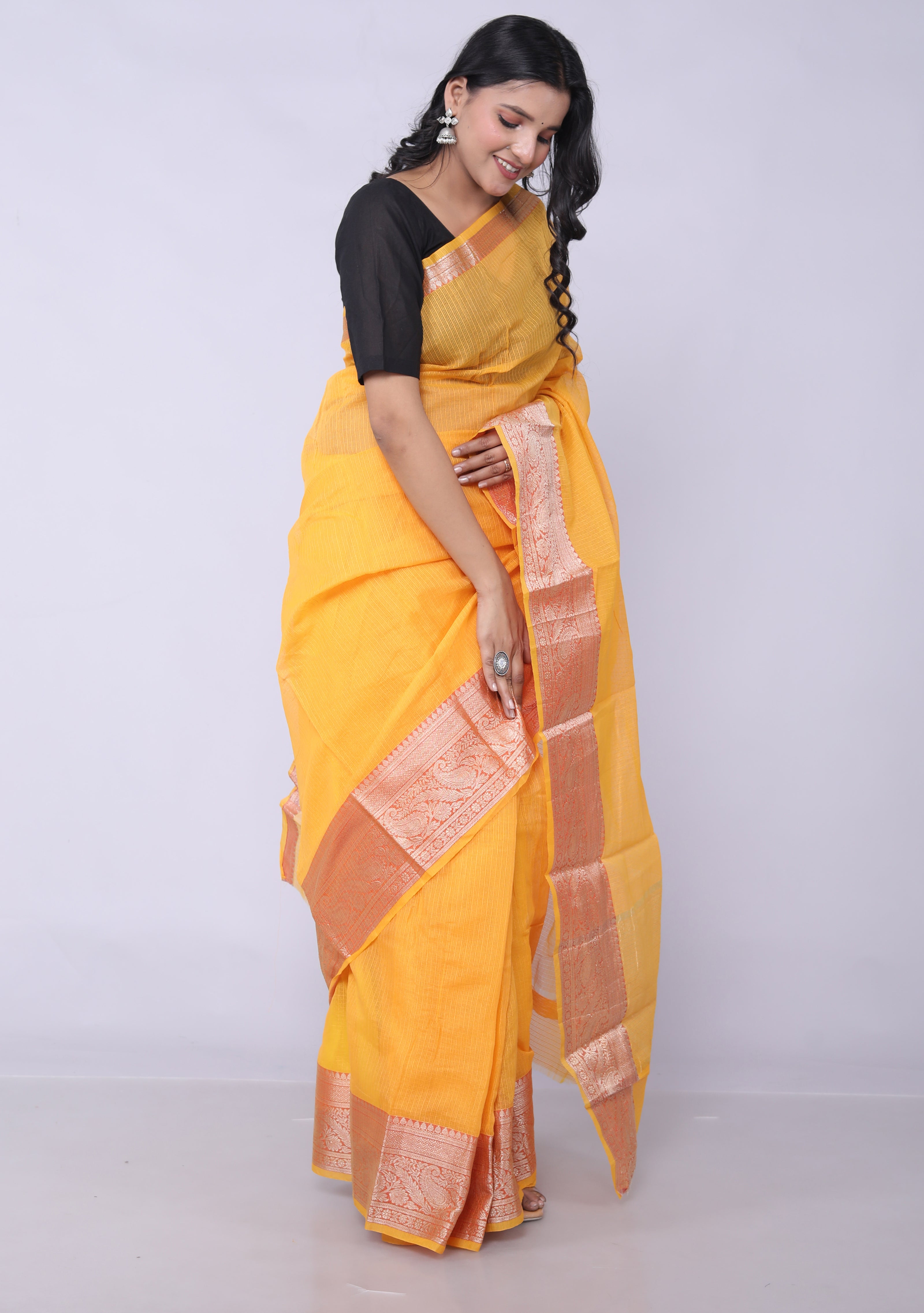 RAJGLOBAL Kota Doria Broad Zari Cotton Blend Saree with Unstitched Blouse Yellow