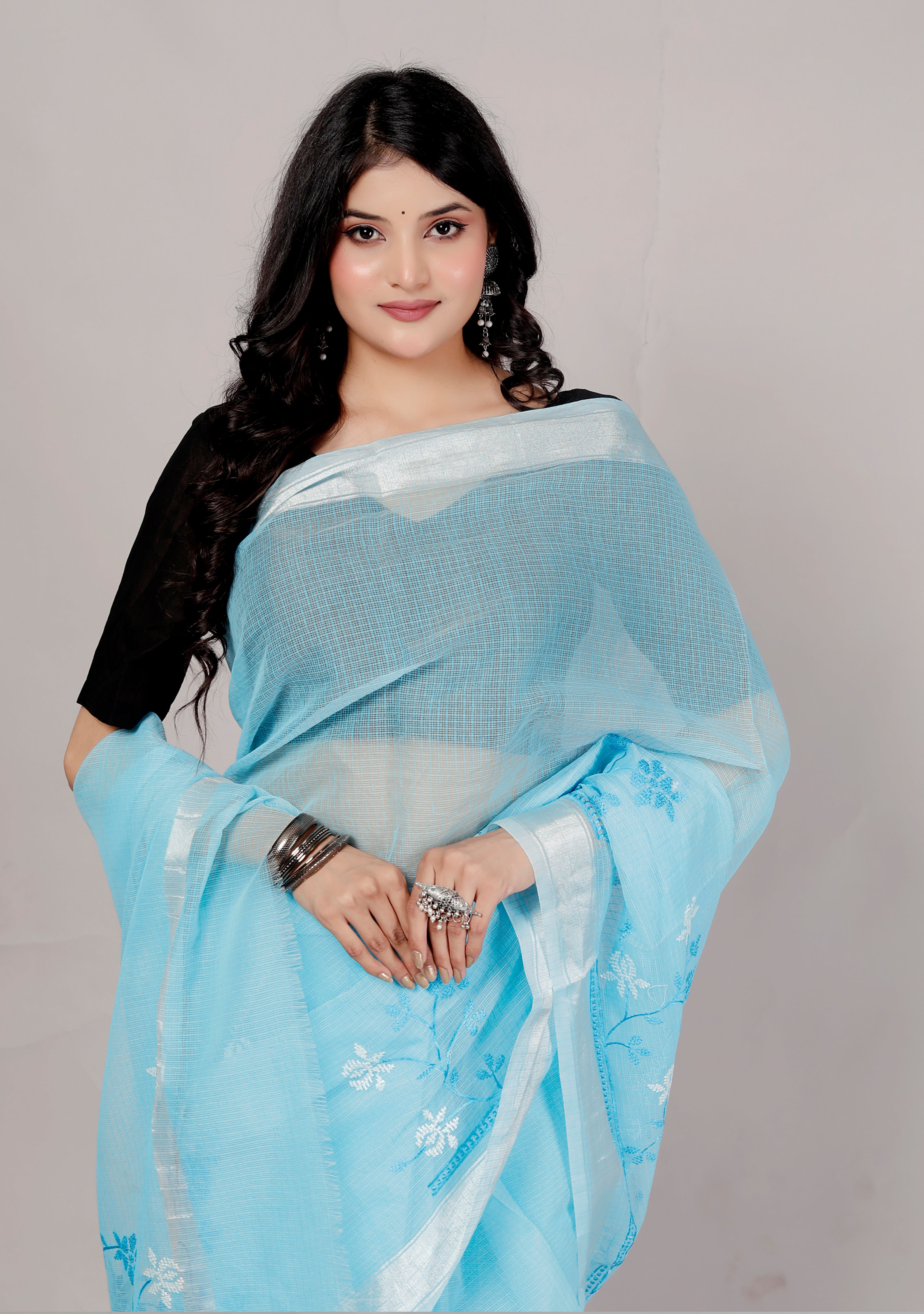 RAJGLOBAL Self Design Embroidered Kota Doria Cotton Blend Saree with Unstitched Blouse blue_55
