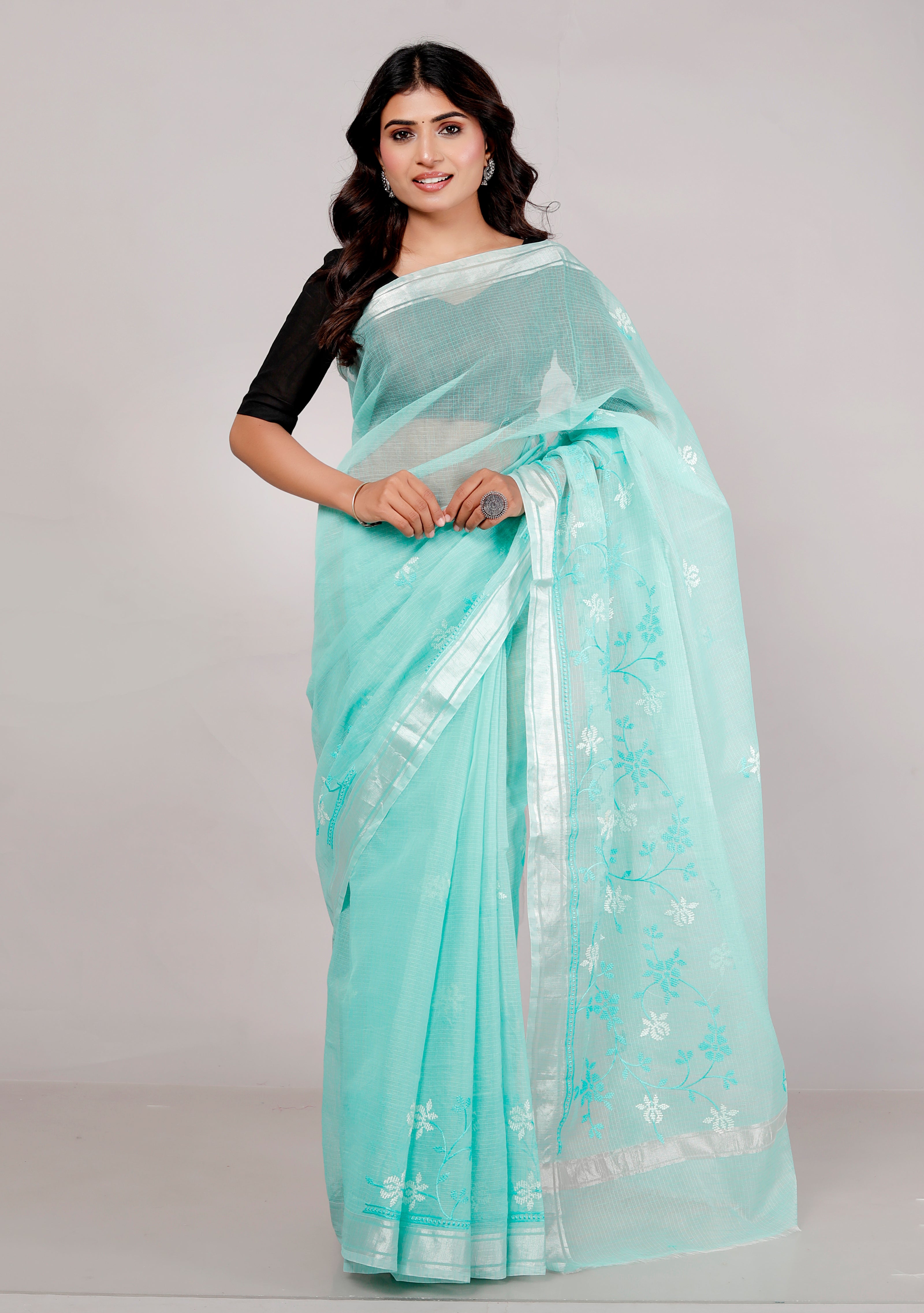 RAJGLOBAL Self Design Embroidered Kota Doria Cotton Blend Saree with Unstitched Blouse firoji white