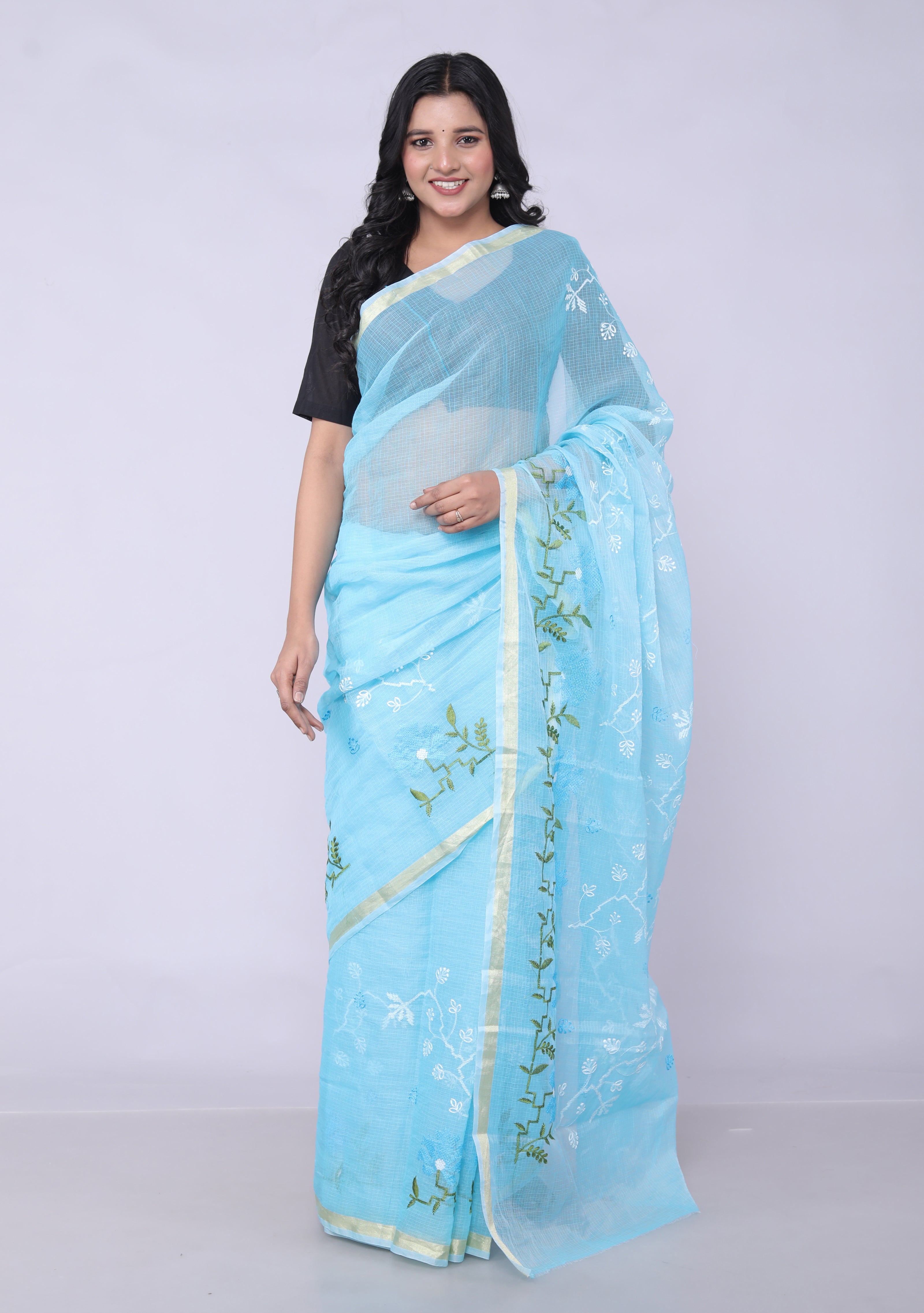 RAJGLOBAL Self Design Embroidered Kota Doria Cotton Blend Saree with Unstitched Blouse pink design 2