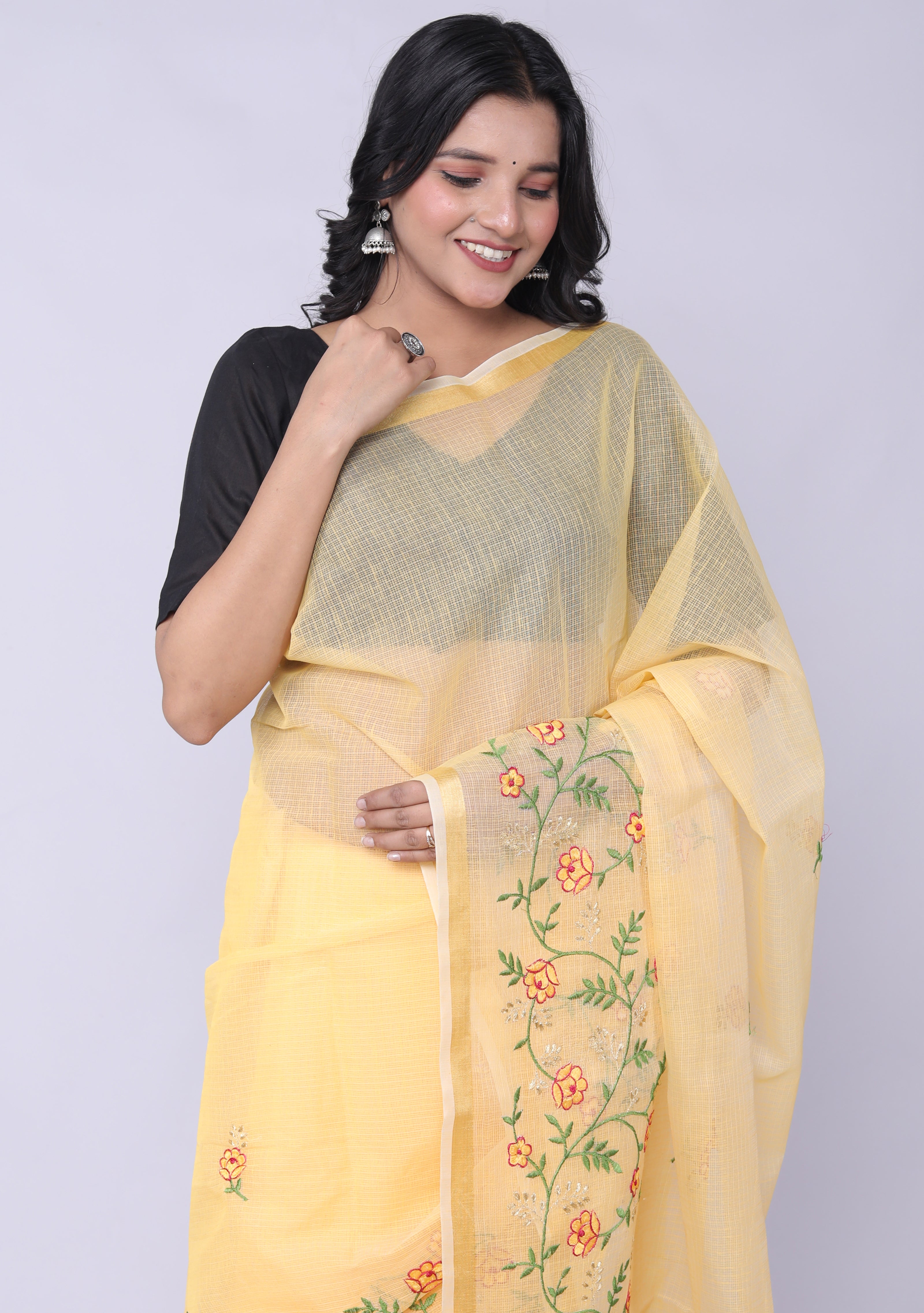 RAJGLOBAL Self Design Embroidered Kota Doria Cotton Blend Saree with Unstitched Blouse light yellow