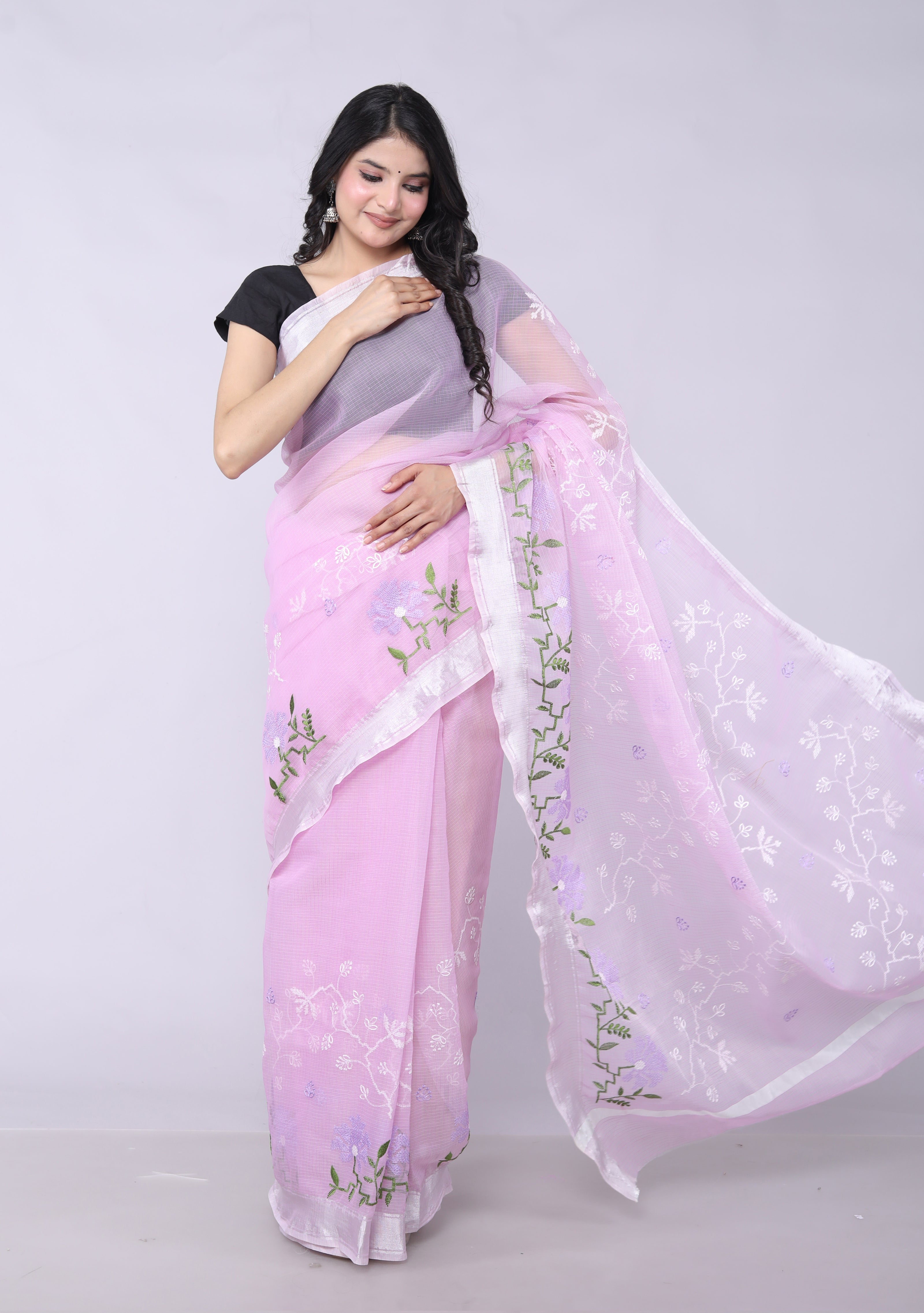 RAJGLOBAL Self Design Embroidered Kota Doria Cotton Blend Saree with Unstitched Blouse pink design 2