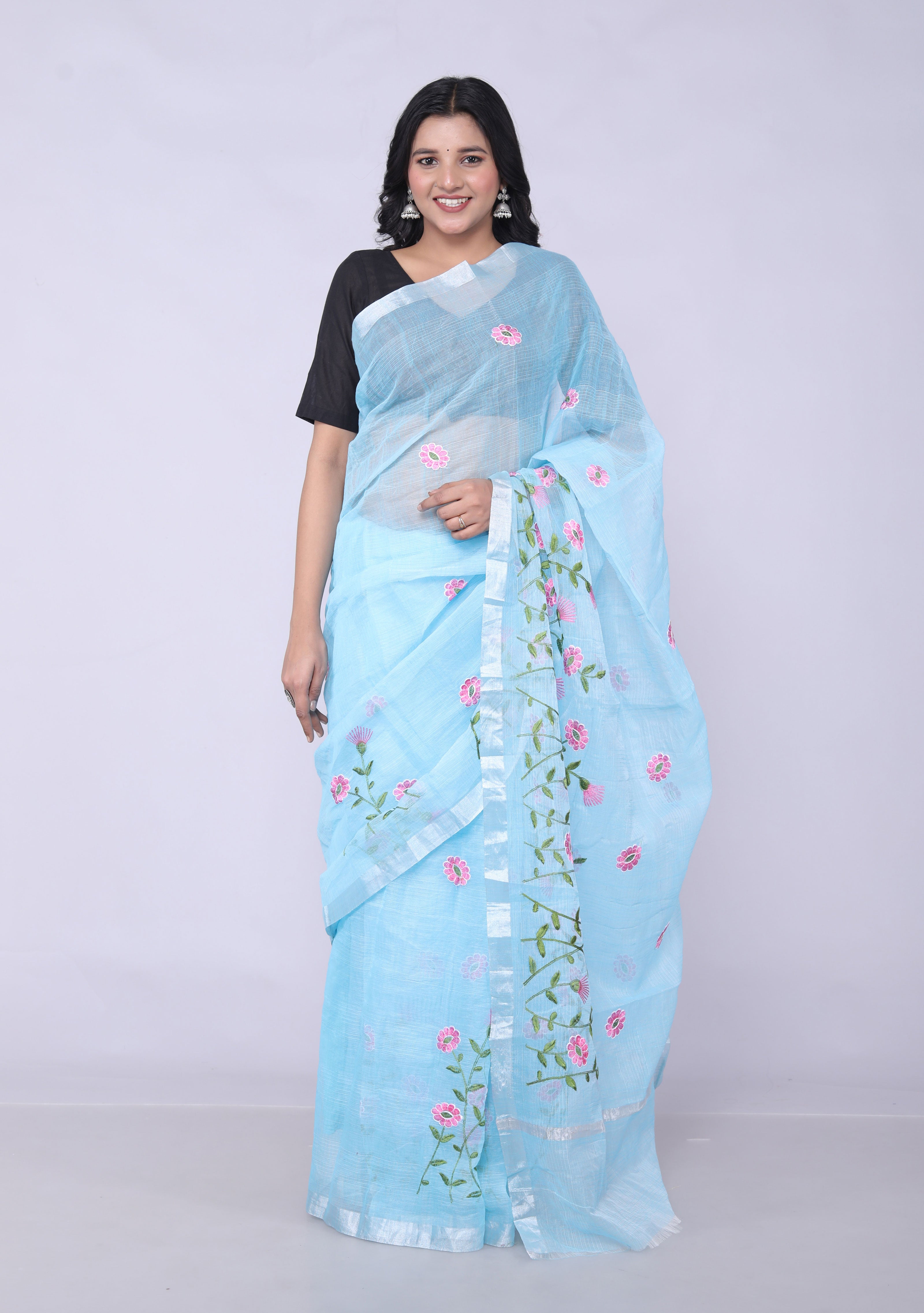 RAJGLOBAL Self Design Embroidered Kota Doria Cotton Blend Saree with Unstitched Blouse