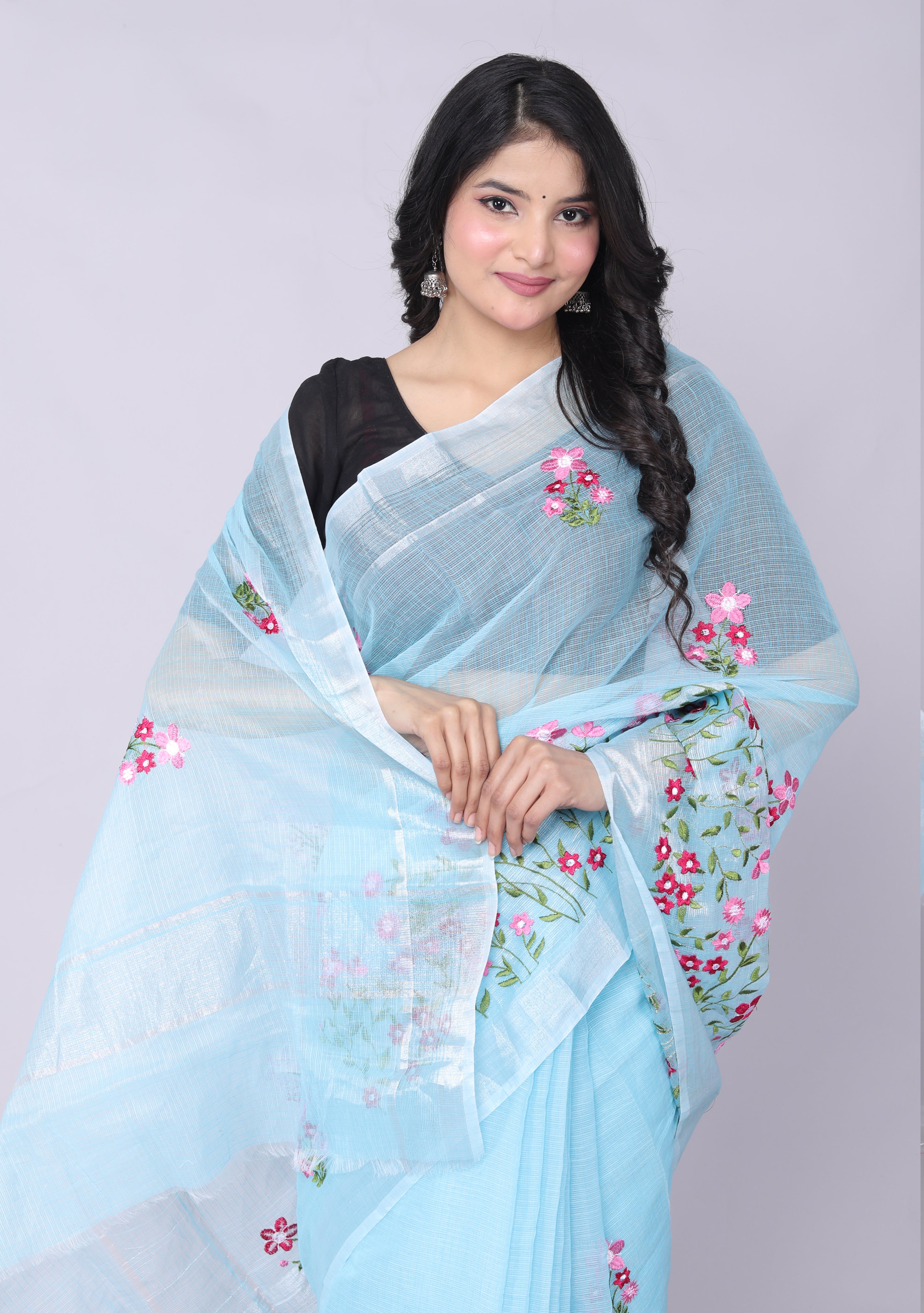 RAJGLOBAL Self Design Embroidered Kota Doria Cotton Blend Saree with Unstitched Blouse skyblue design 11