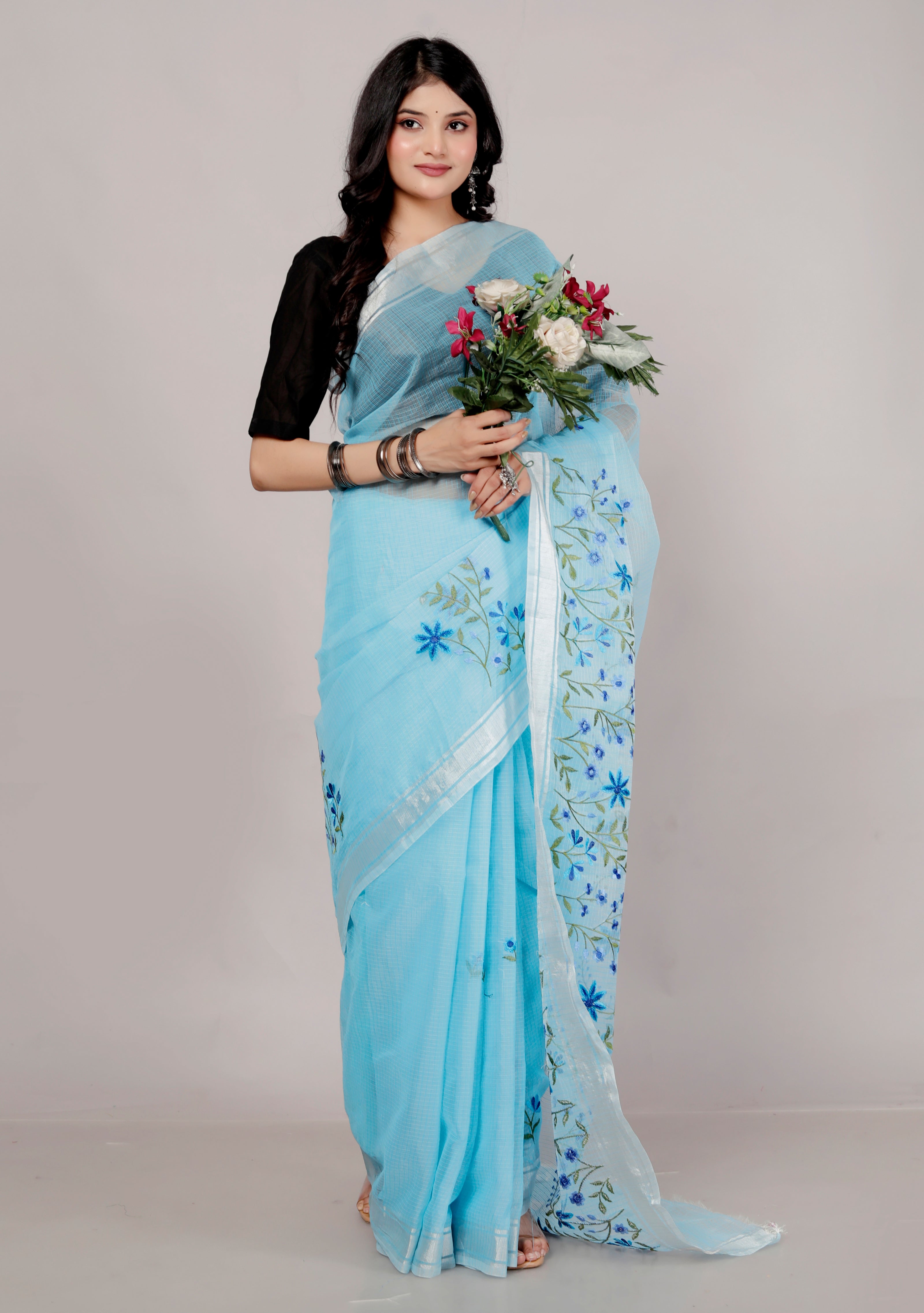 RAJGLOBAL Self Design Embroidered Kota Doria Cotton Blend Saree with Unstitched Blouse skyblue design 66