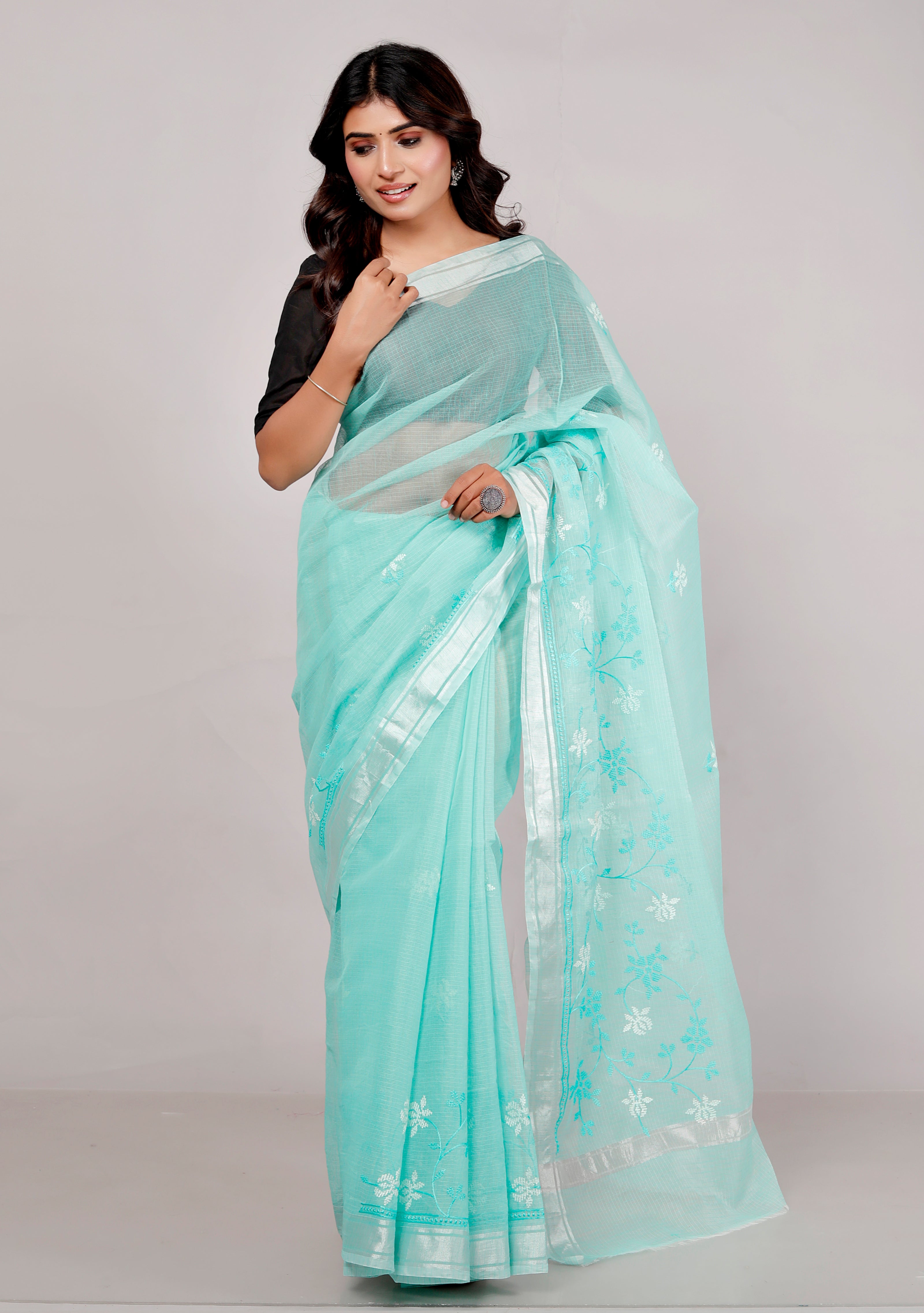 RAJGLOBAL Self Design Embroidered Kota Doria Cotton Blend Saree with Unstitched Blouse firoji white