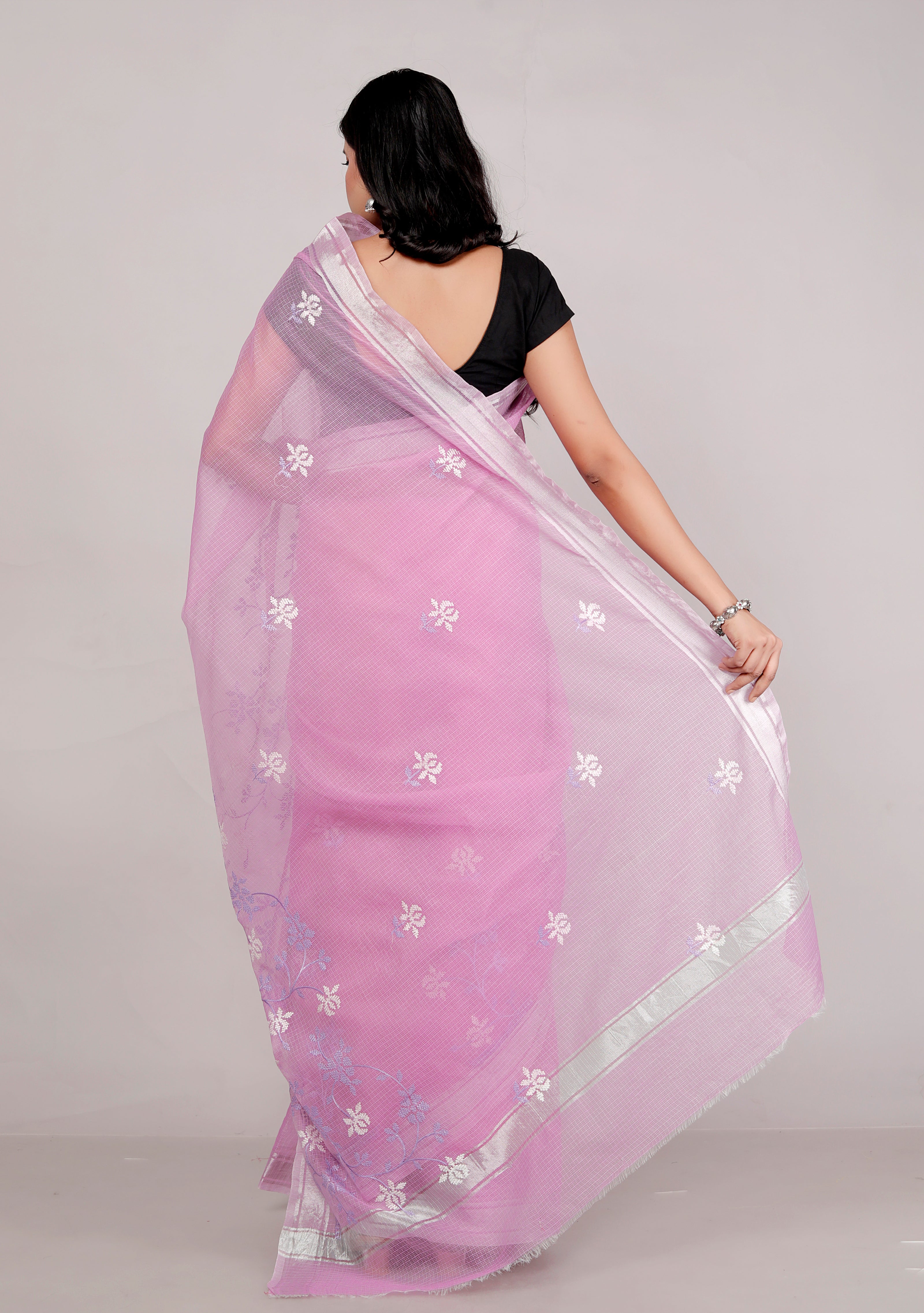 RAJGLOBAL Self Design Embroidered Kota Doria Cotton Blend Saree with Unstitched Blouse purple