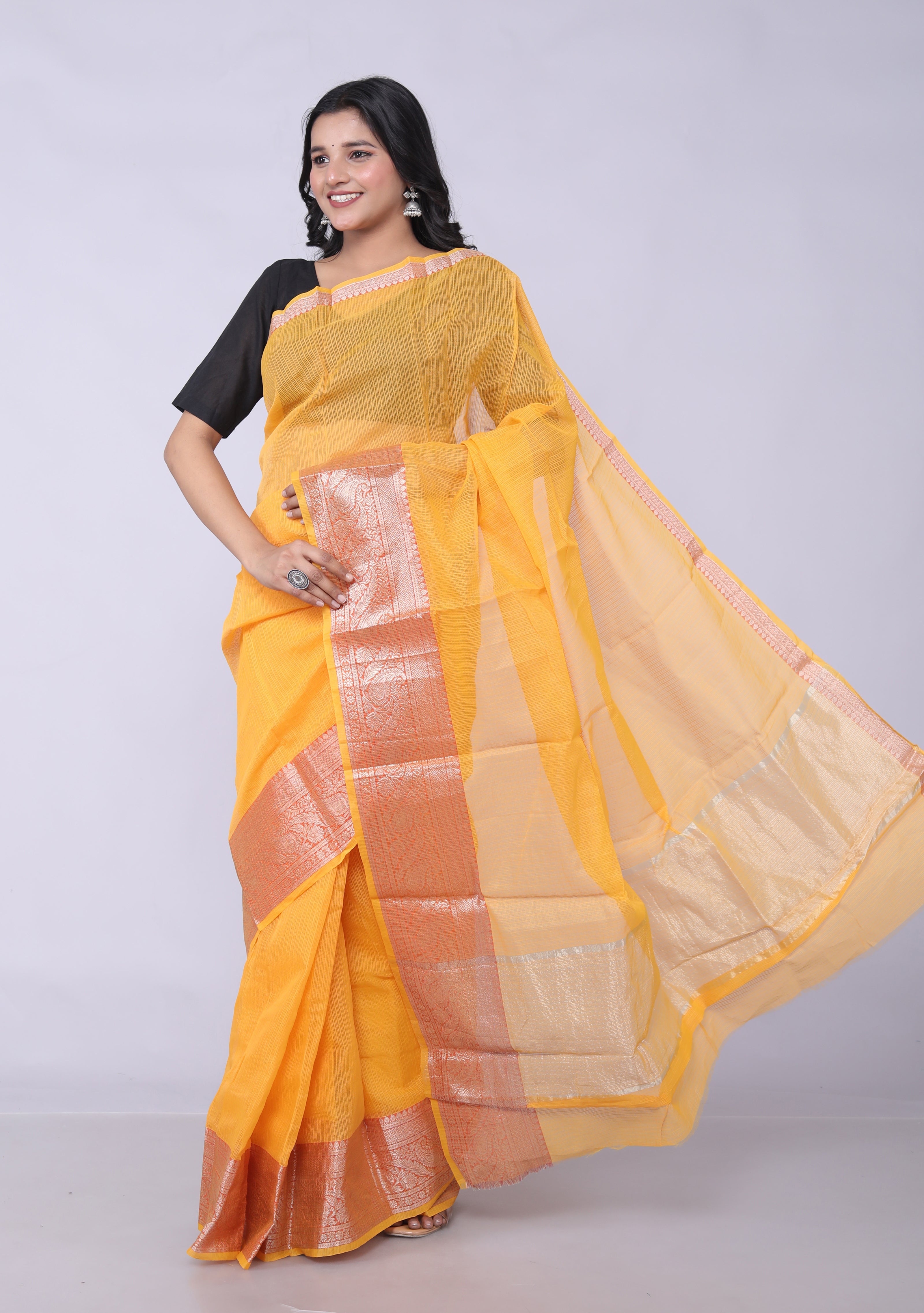 RAJGLOBAL Kota Doria Broad Zari Cotton Blend Saree with Unstitched Blouse Yellow