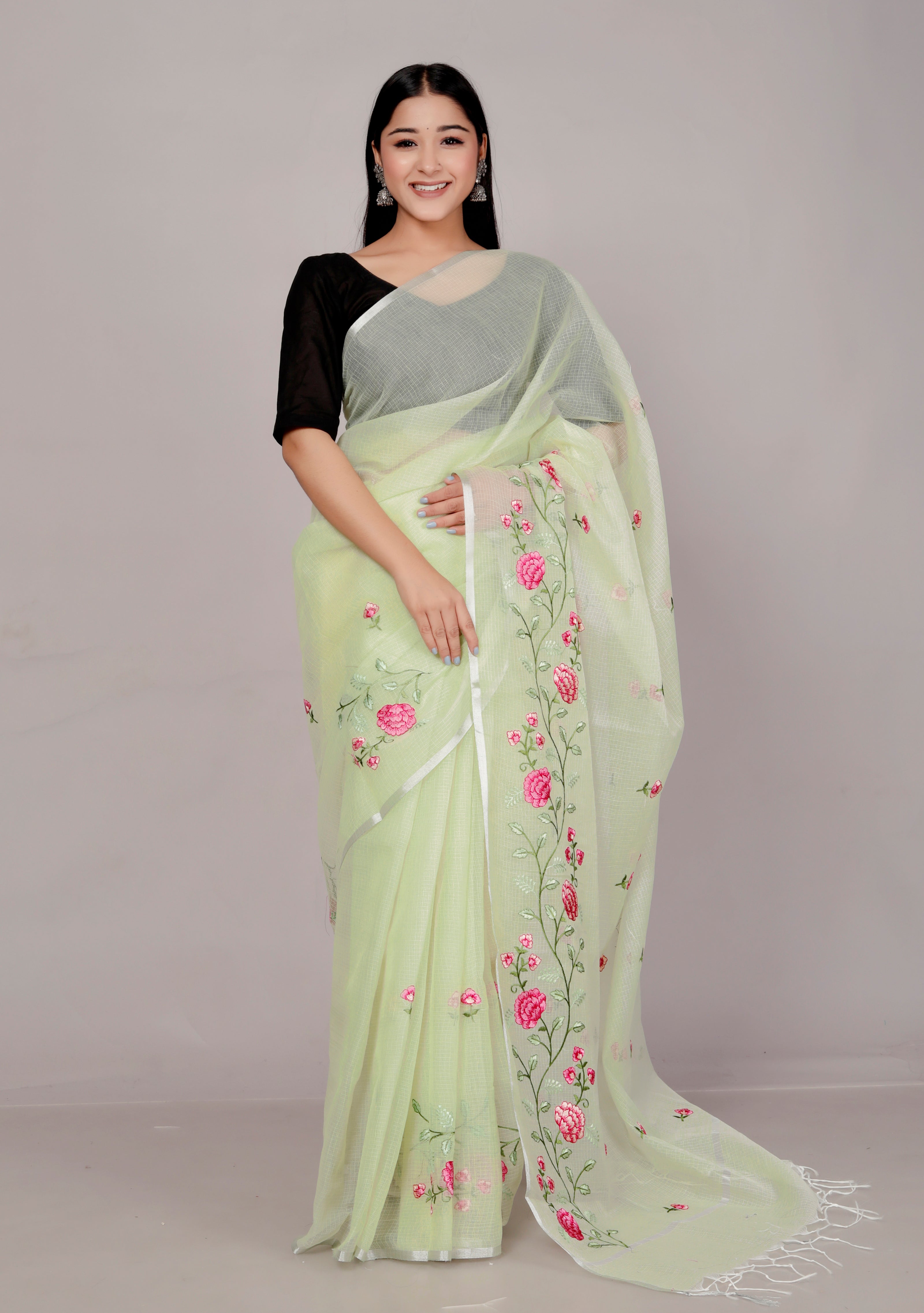 RAJGLOBAL Self Design Embroidered Kota Doria Cotton Blend Saree with Unstitched Blouse pista green