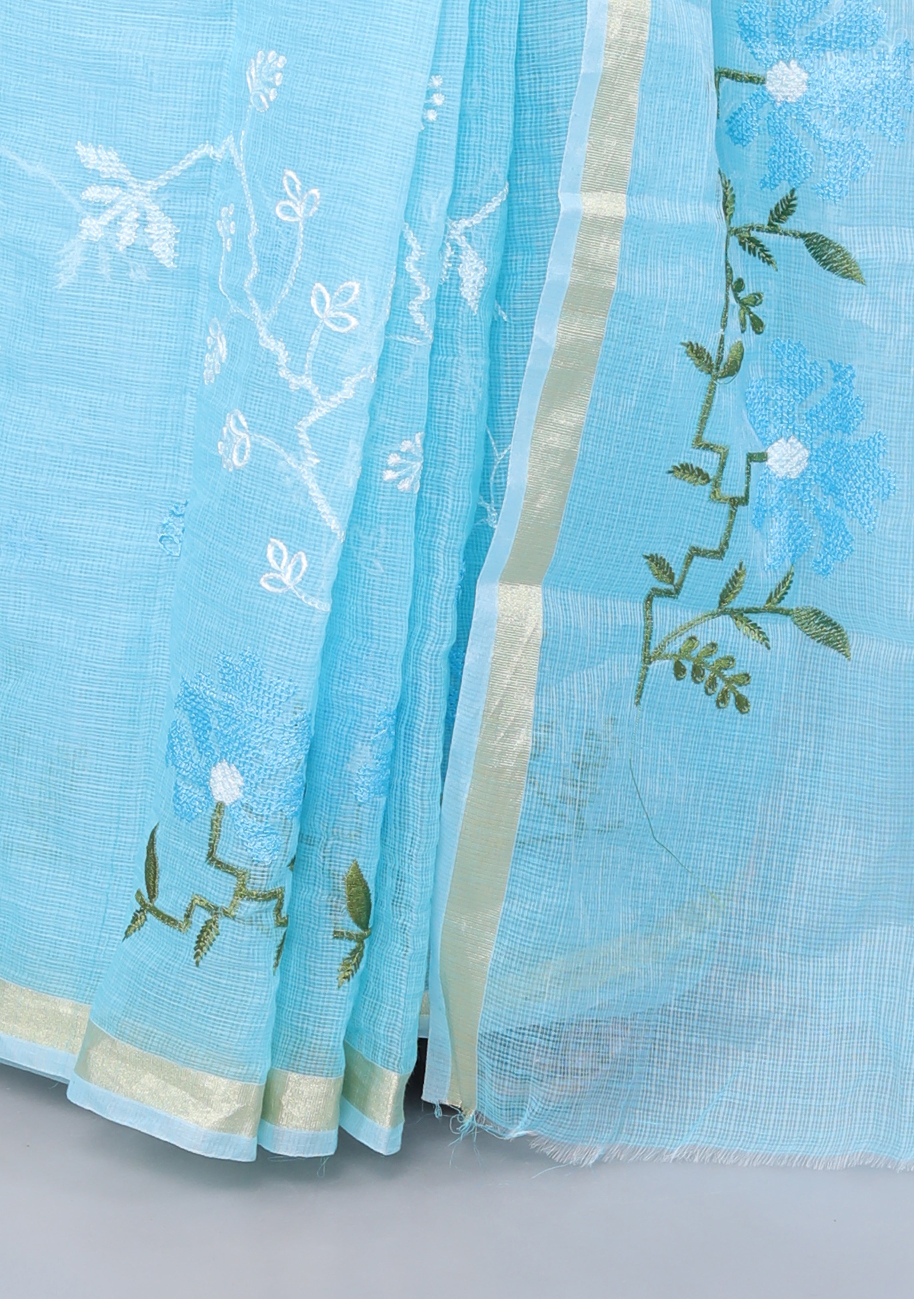 RAJGLOBAL Self Design Embroidered Kota Doria Cotton Blend Saree with Unstitched Blouse skyblue design 22