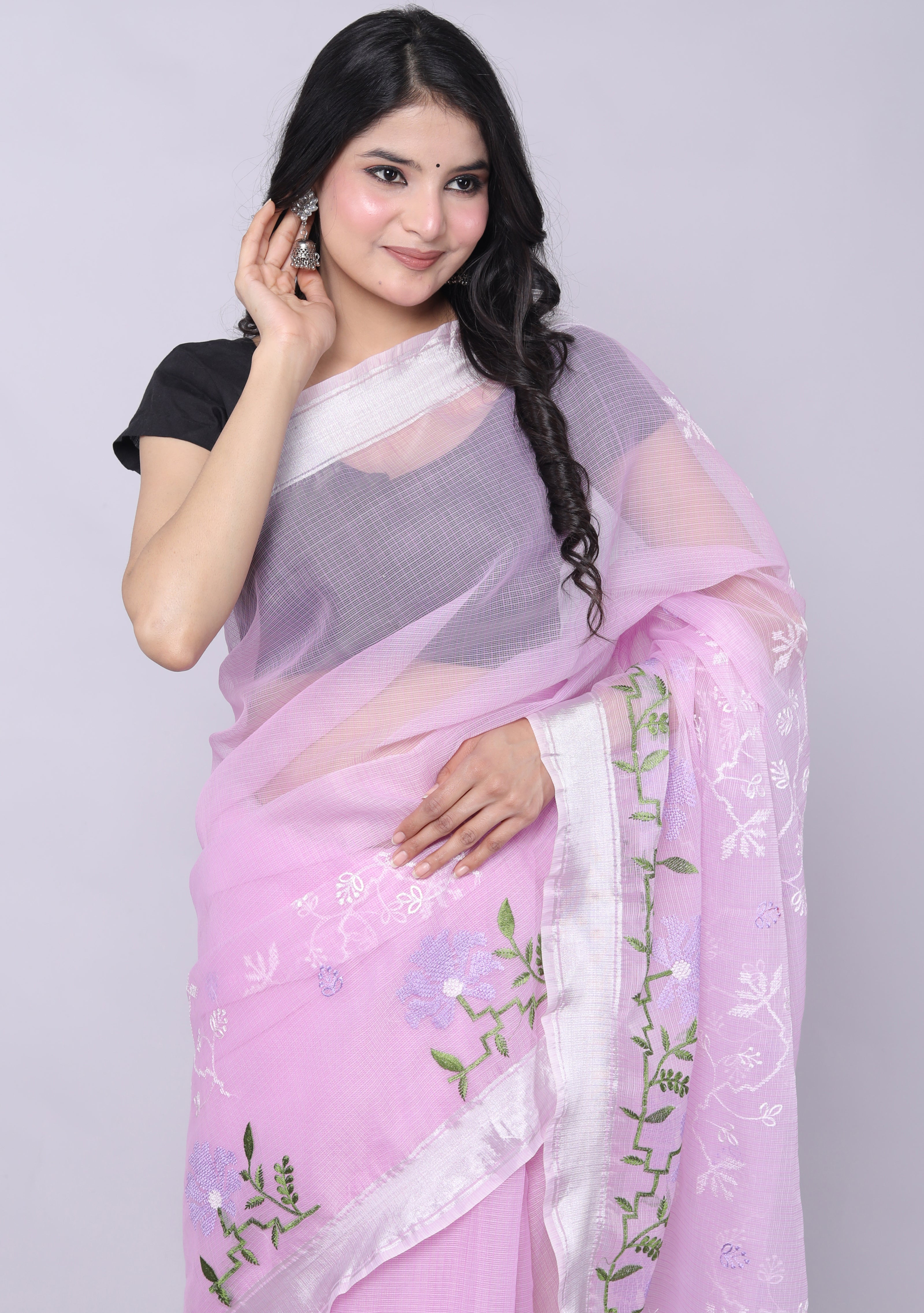 RAJGLOBAL Self Design Embroidered Kota Doria Cotton Blend Saree with Unstitched Blouse pink design 2