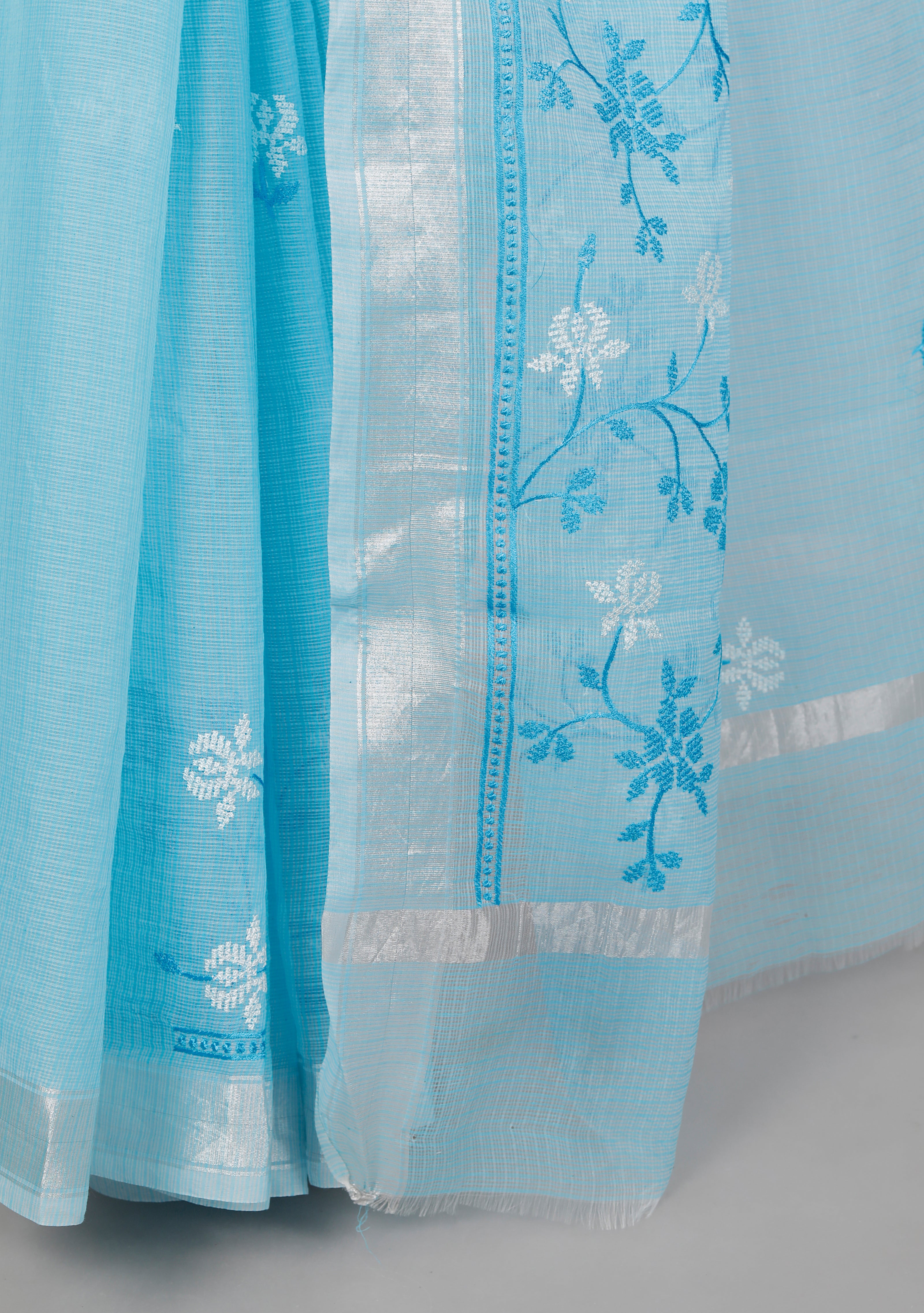 RAJGLOBAL Self Design Embroidered Kota Doria Cotton Blend Saree with Unstitched Blouse blue_55