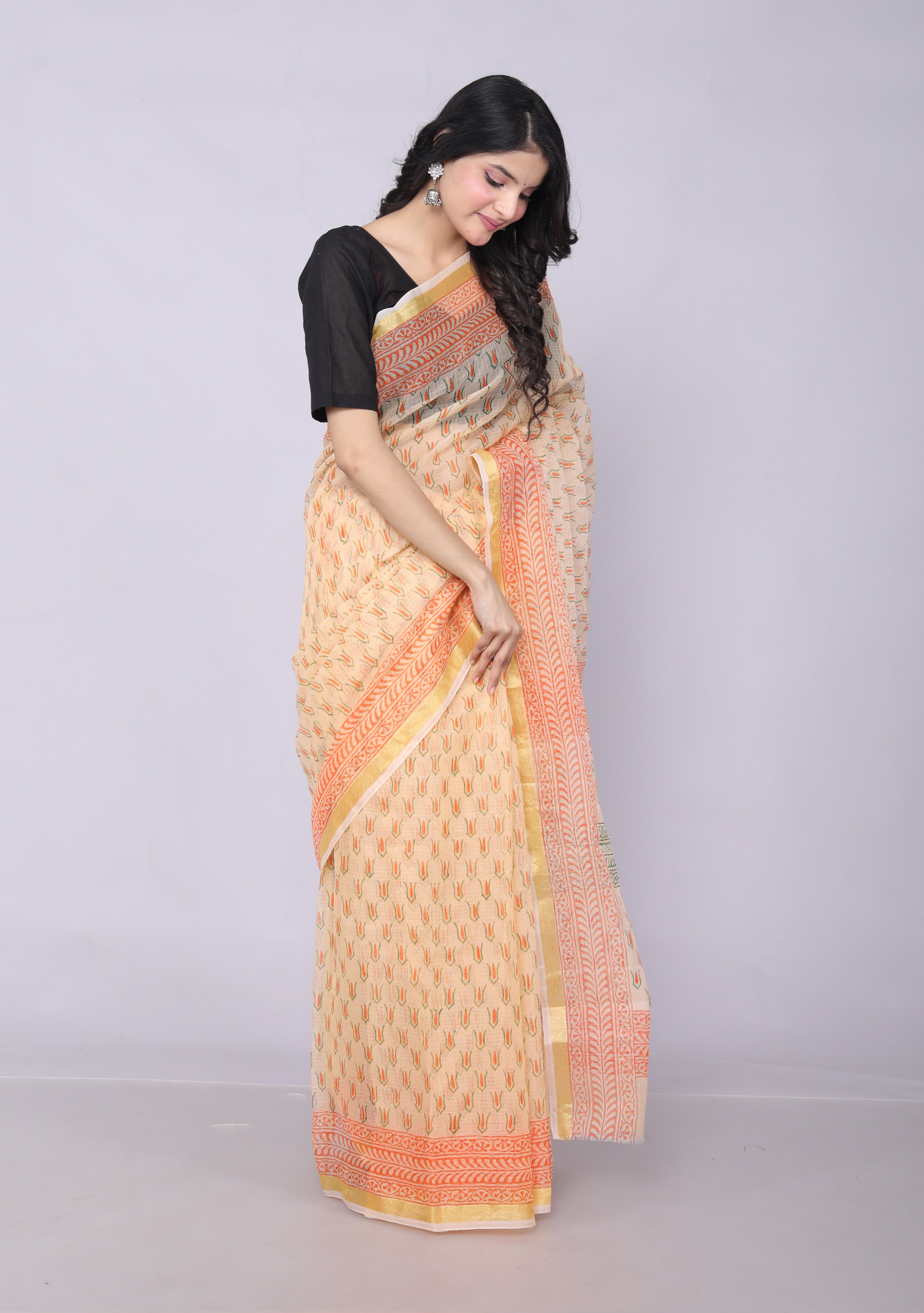 RAJGLOBAL Kota Doria Broad Zari Cotton Blend Saree with Unstitched Blouse Red