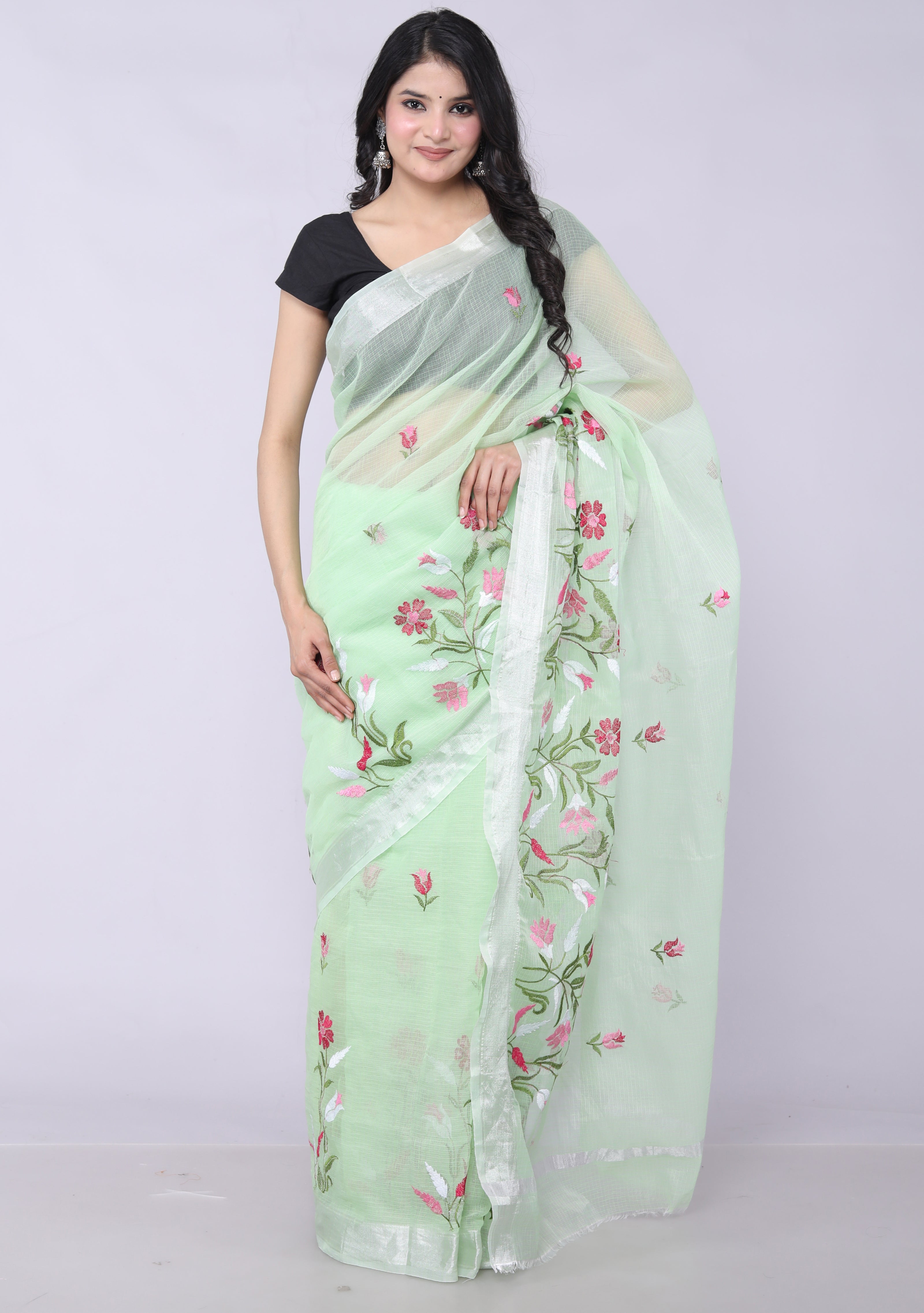 RAJGLOBAL Self Design Embroidered Kota Doria Cotton Blend Saree with Unstitched Blouse light green