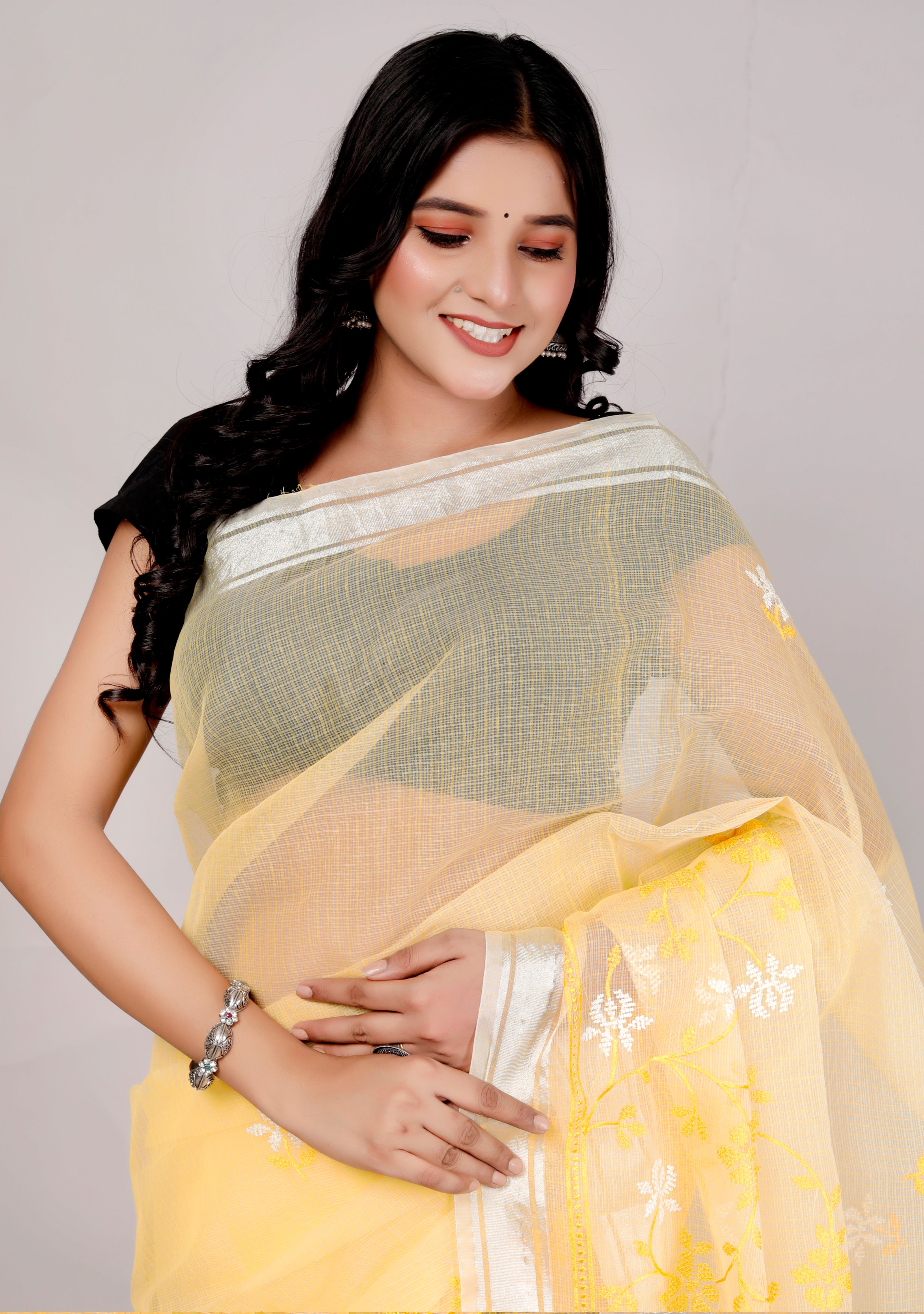 RAJGLOBAL Self Design Embroidered Kota Doria Cotton Blend Saree with Unstitched Blouse yellow white