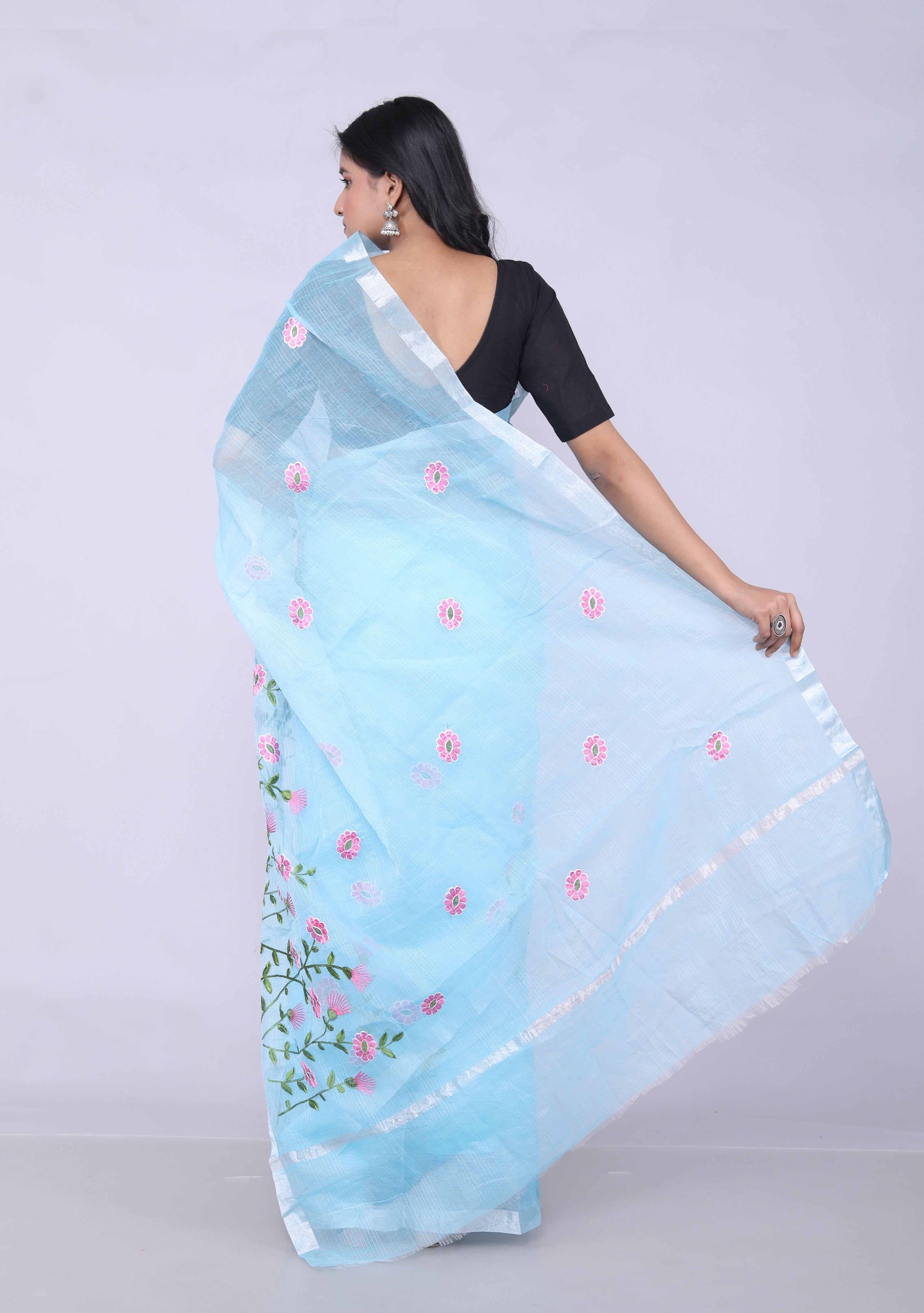 RAJGLOBAL Self Design Embroidered Kota Doria Cotton Blend Saree with Unstitched Blouse