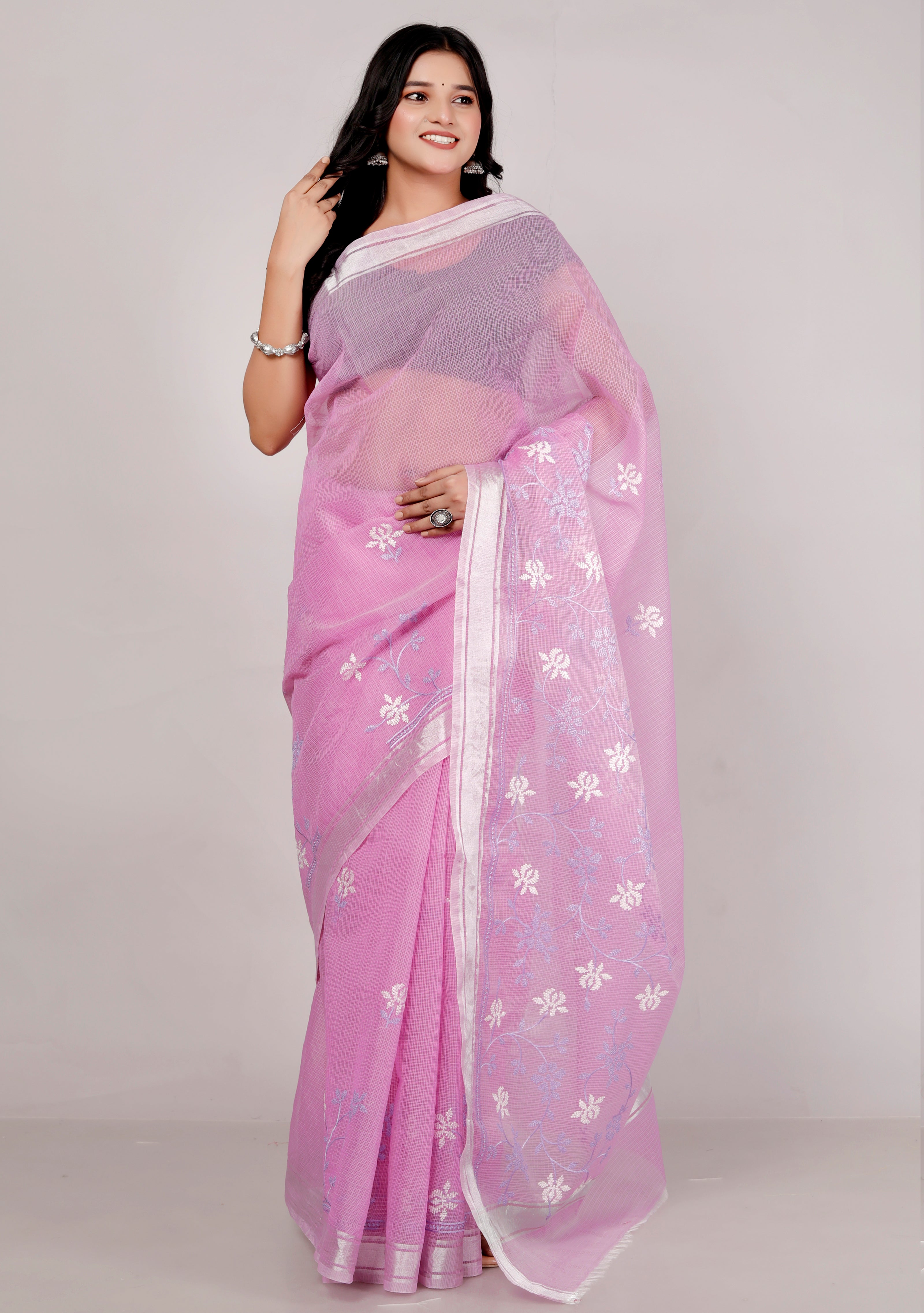 RAJGLOBAL Self Design Embroidered Kota Doria Cotton Blend Saree with Unstitched Blouse purple