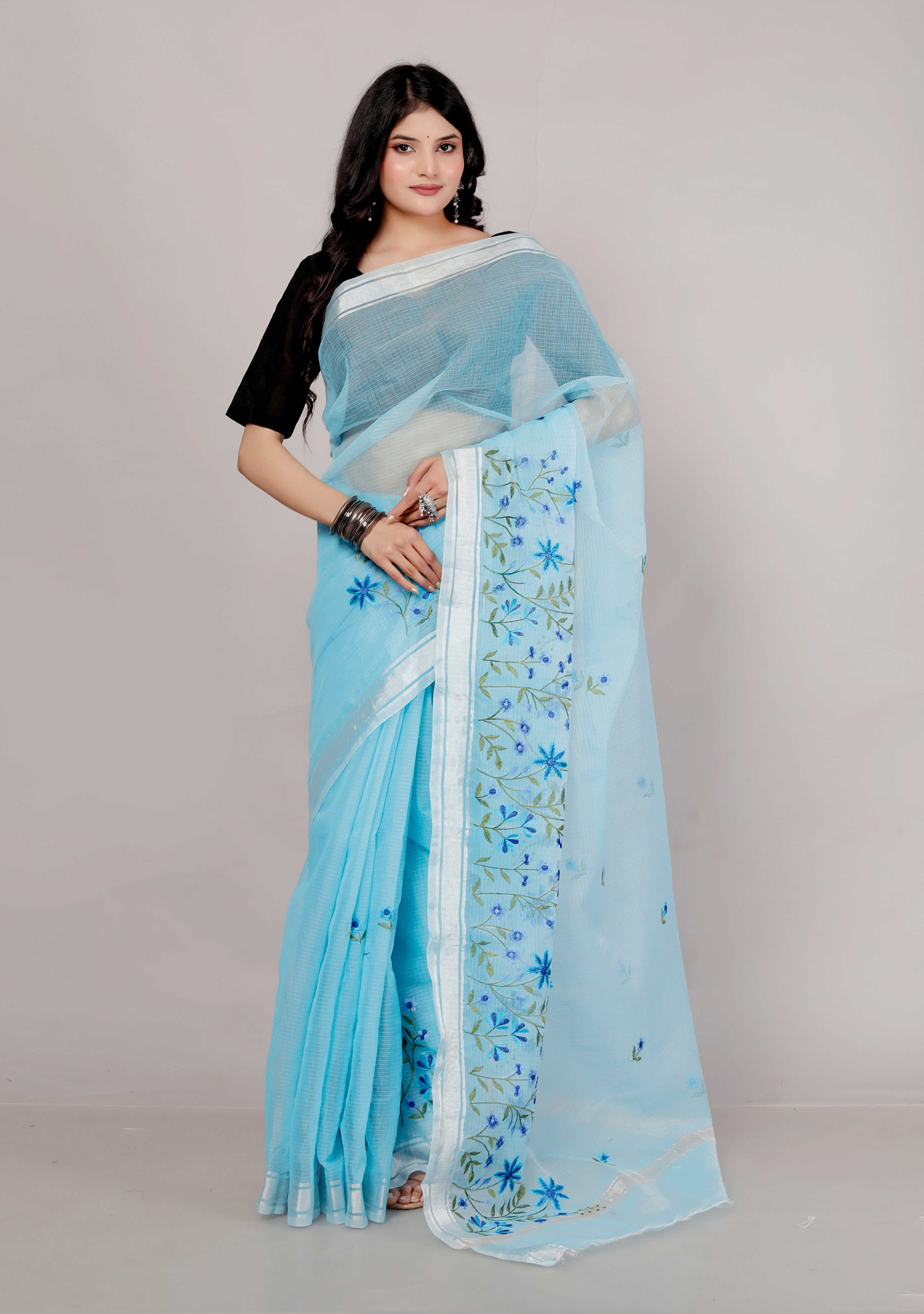 RAJGLOBAL Self Design Embroidered Kota Doria Cotton Blend Saree with Unstitched Blouse skyblue design 66
