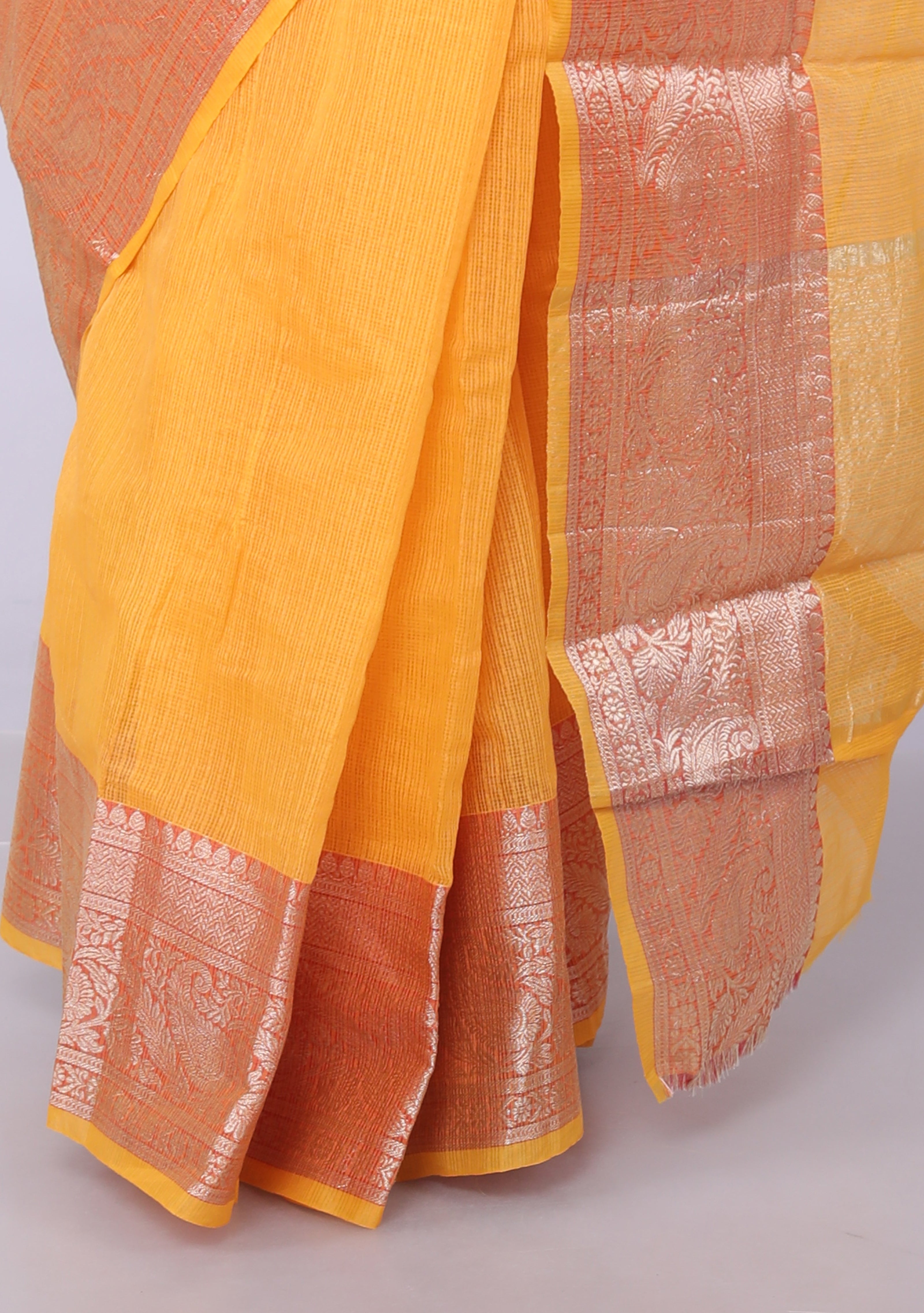 RAJGLOBAL Kota Doria Broad Zari Cotton Blend Saree with Unstitched Blouse Yellow