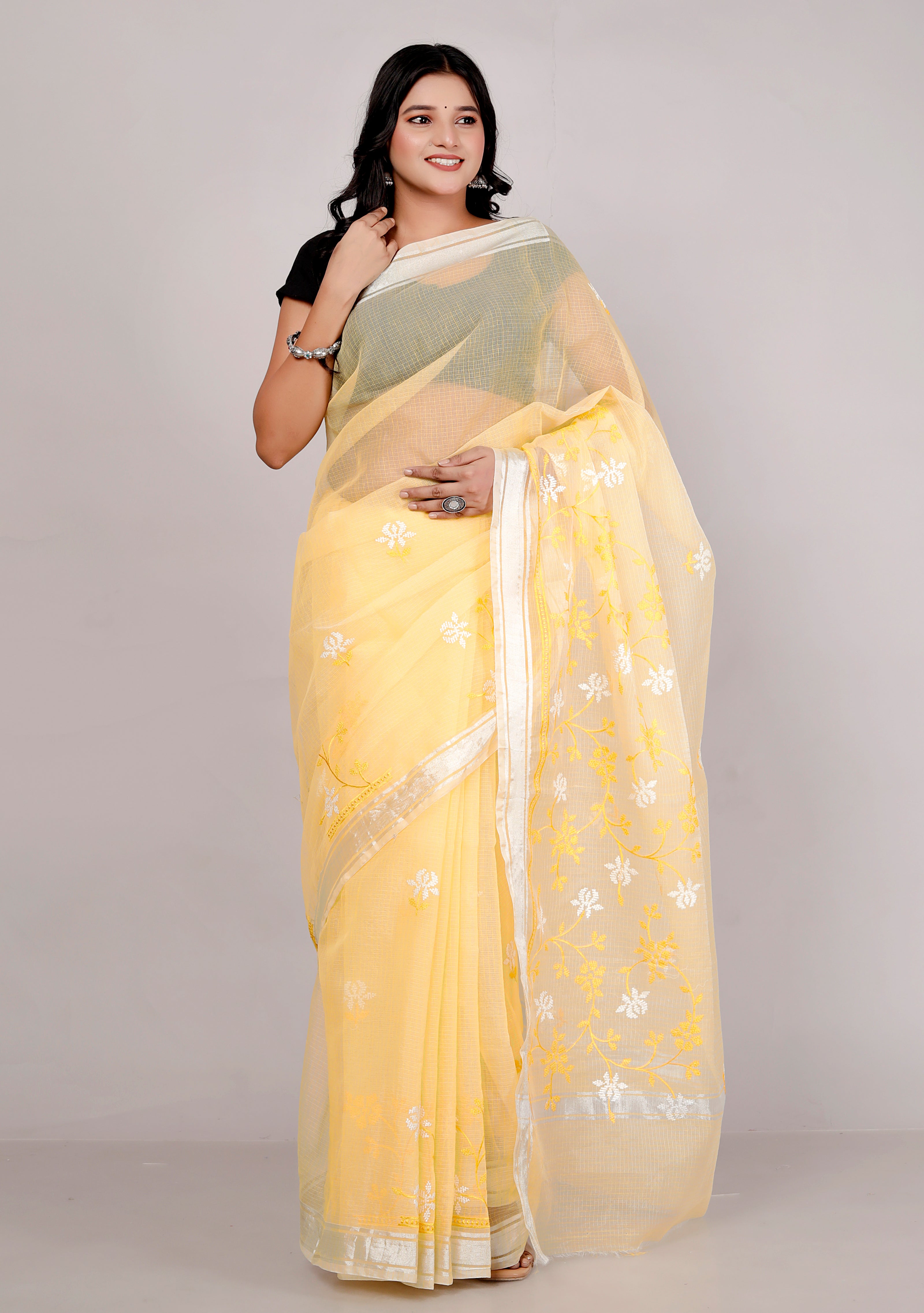 RAJGLOBAL Self Design Embroidered Kota Doria Cotton Blend Saree with Unstitched Blouse yellow white
