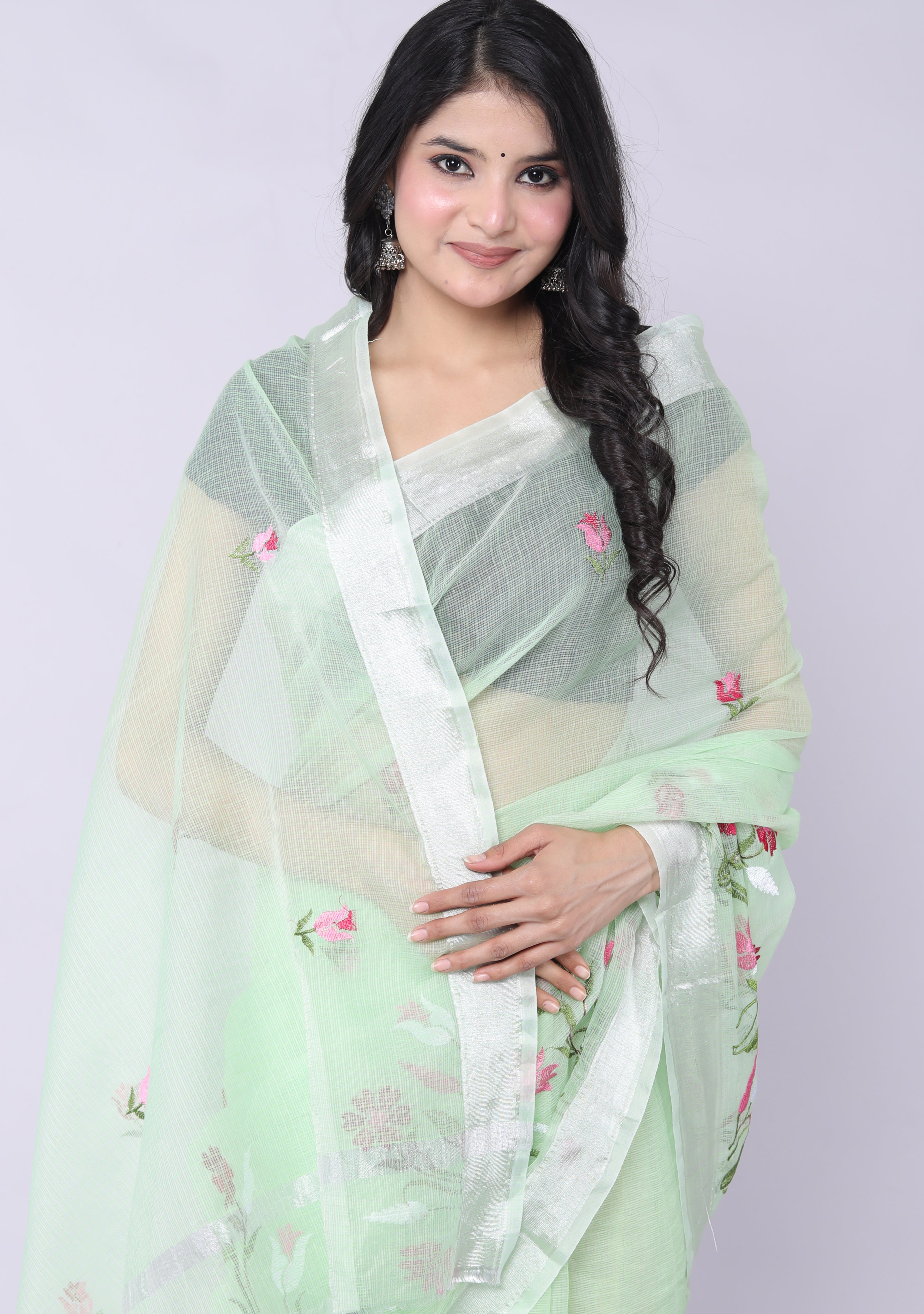 RAJGLOBAL Self Design Embroidered Kota Doria Cotton Blend Saree with Unstitched Blouse light green