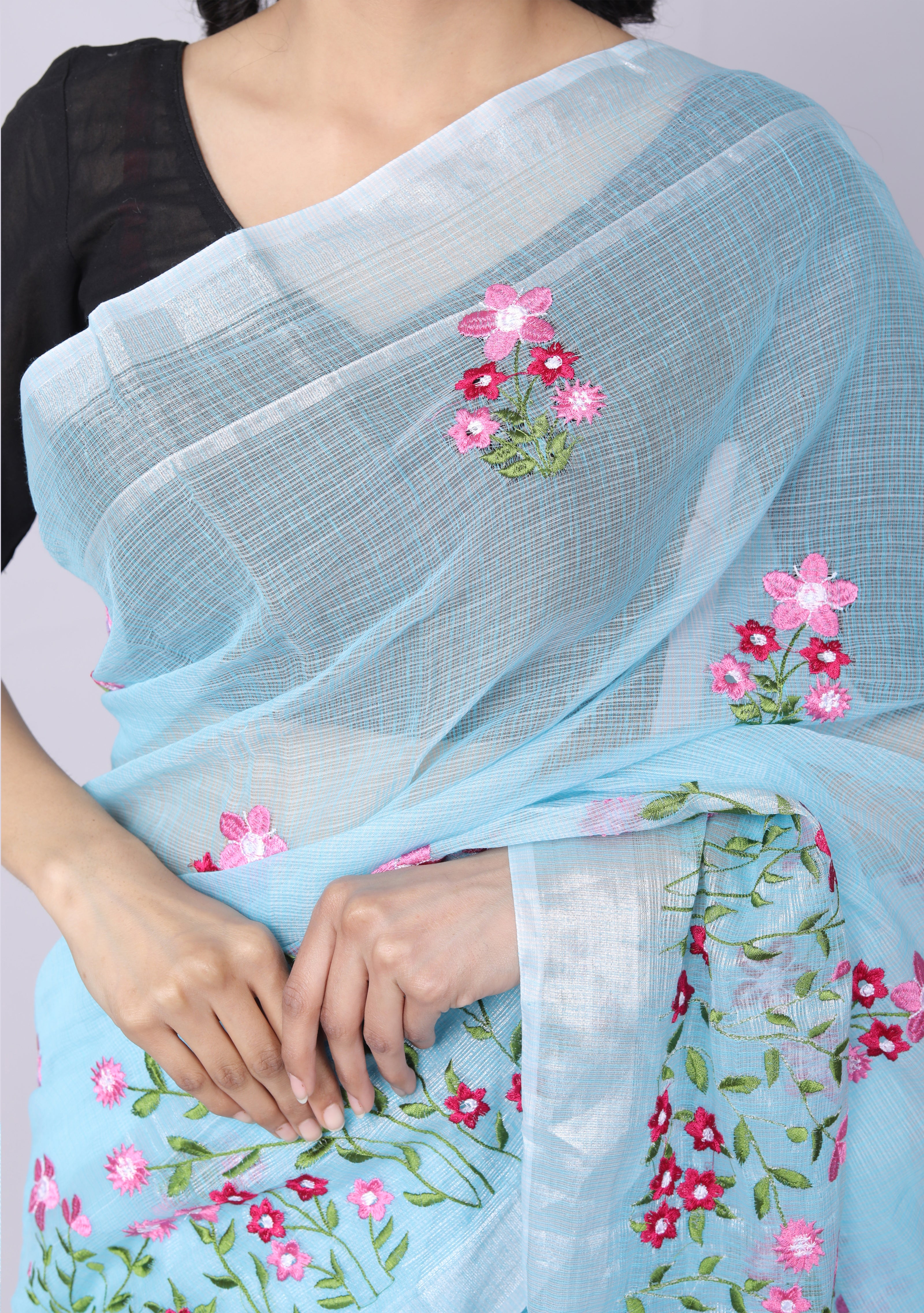 RAJGLOBAL Self Design Embroidered Kota Doria Cotton Blend Saree with Unstitched Blouse skyblue design 11