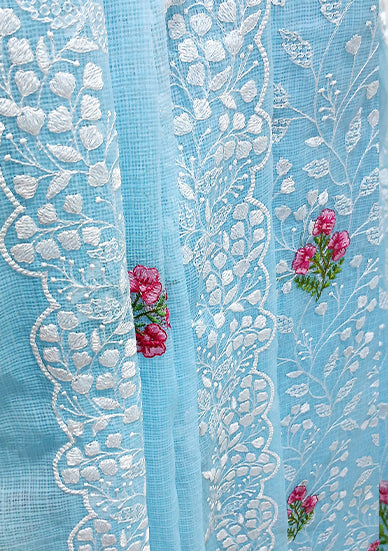 RAJGLOBAL Kota Doria Cotton Blend Suit, Designer Embroidered, 2.5 Metre Top with Dupatta, Pink