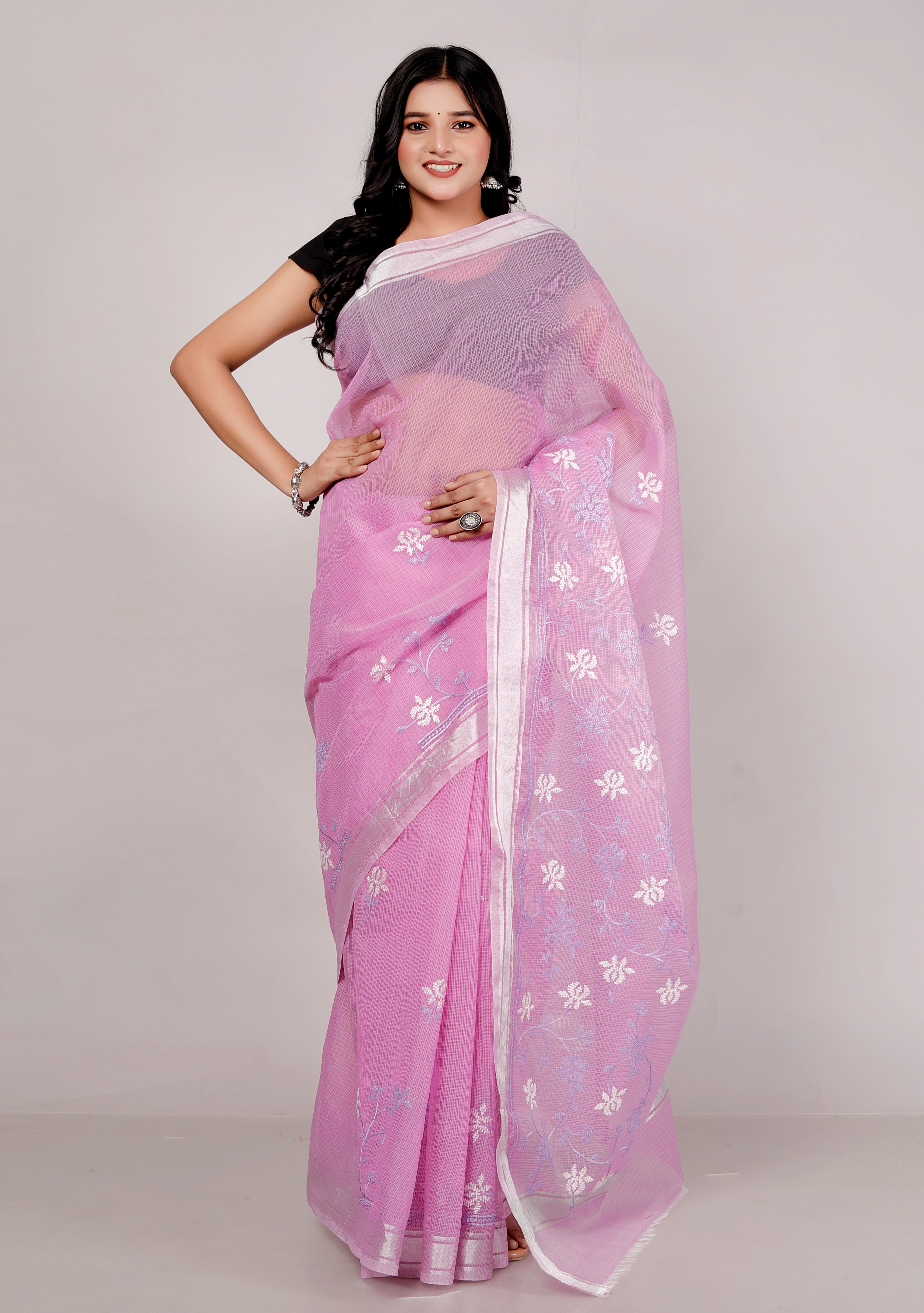 RAJGLOBAL Self Design Embroidered Kota Doria Cotton Blend Saree with Unstitched Blouse purple