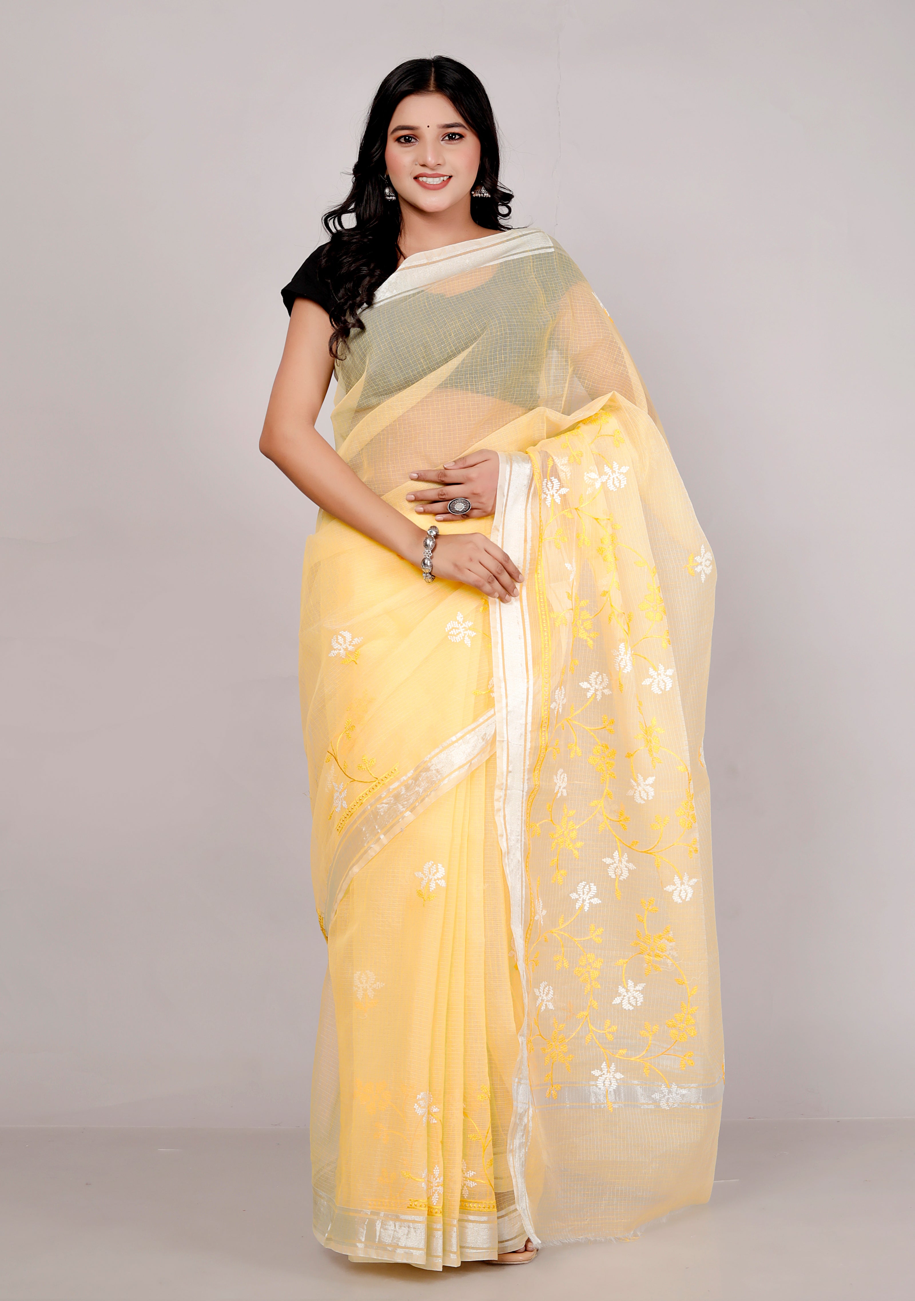 RAJGLOBAL Self Design Embroidered Kota Doria Cotton Blend Saree with Unstitched Blouse yellow white