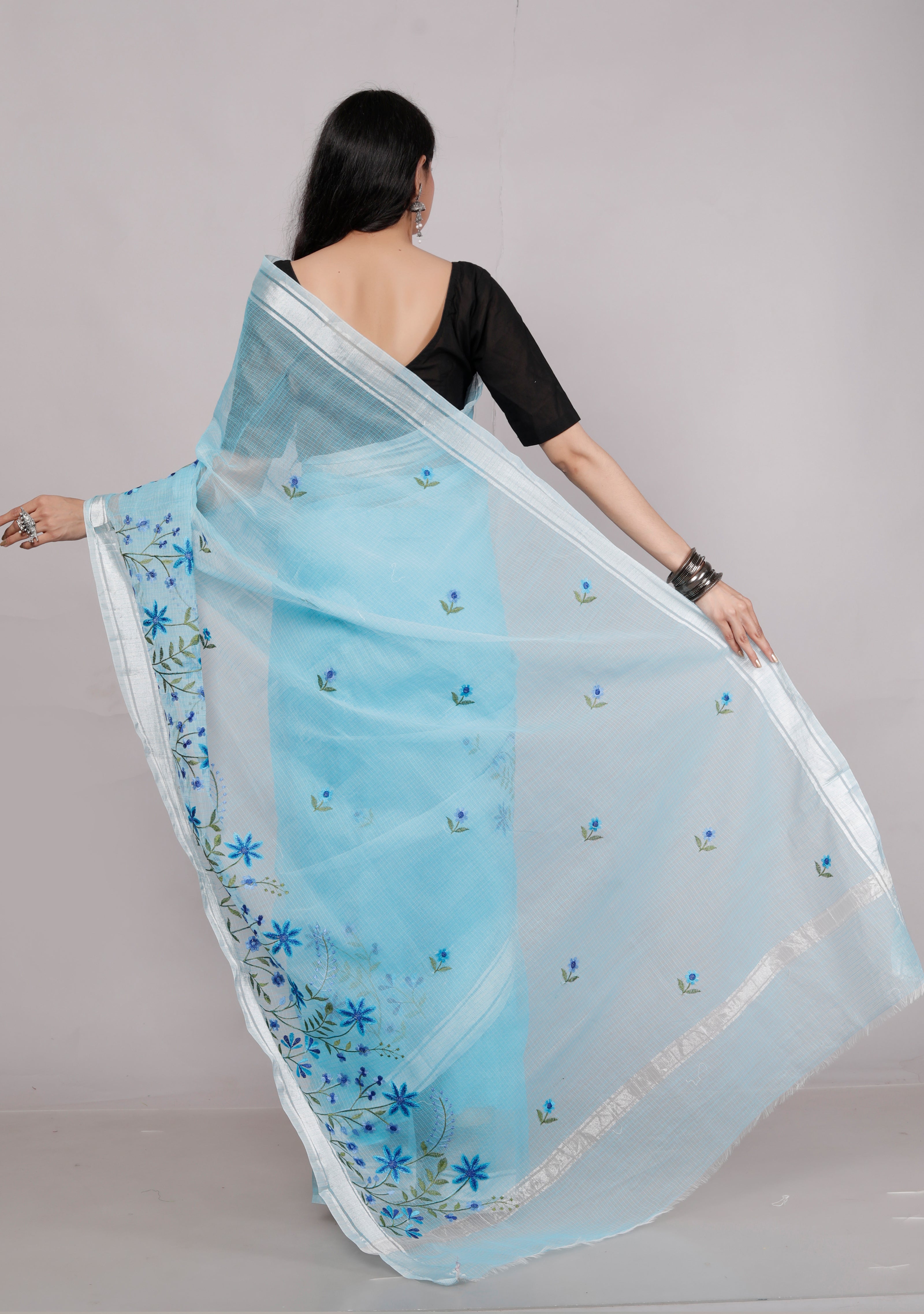 RAJGLOBAL Self Design Embroidered Kota Doria Cotton Blend Saree with Unstitched Blouse skyblue design 66