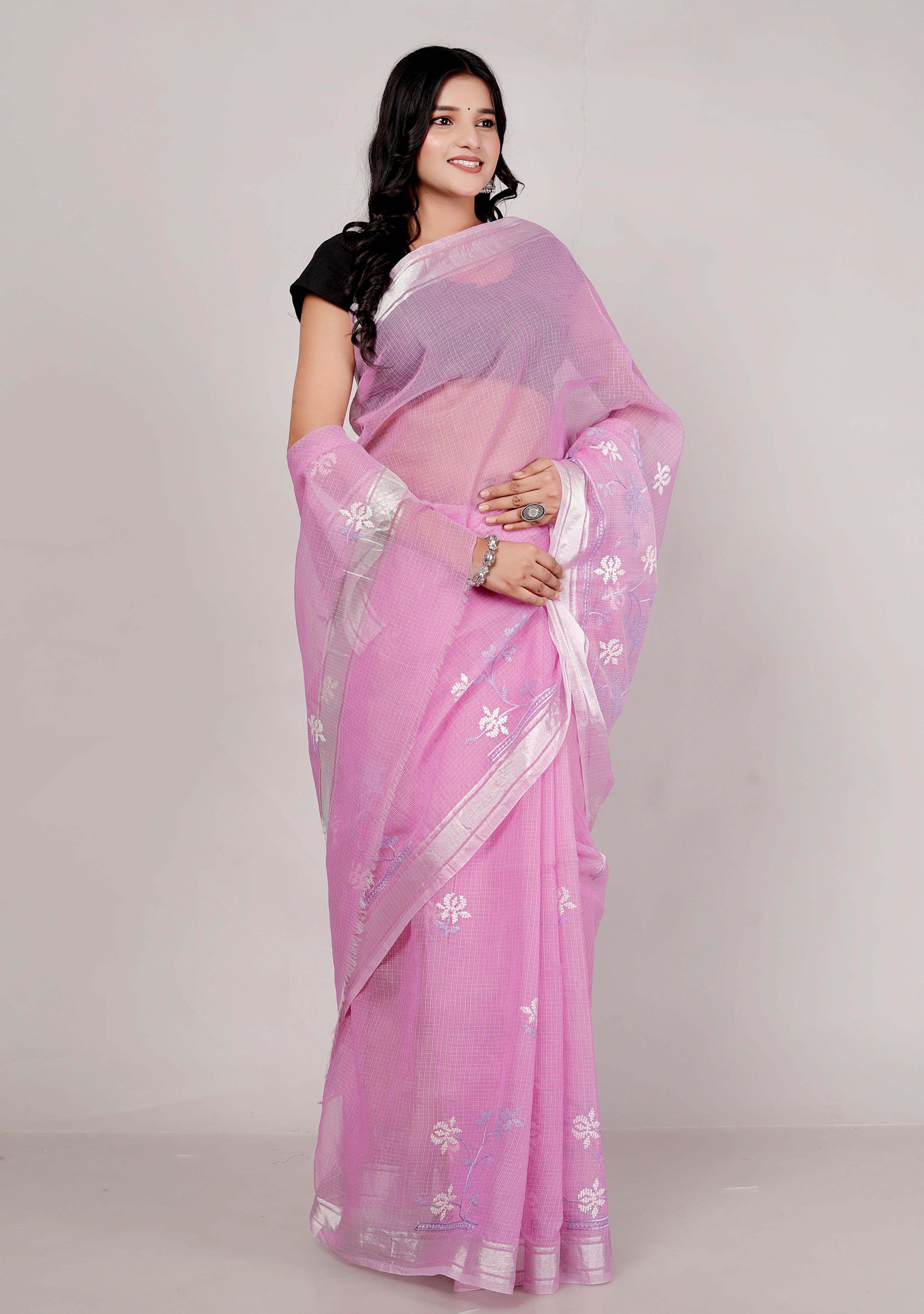 RAJGLOBAL Self Design Embroidered Kota Doria Cotton Blend Saree with Unstitched Blouse purple