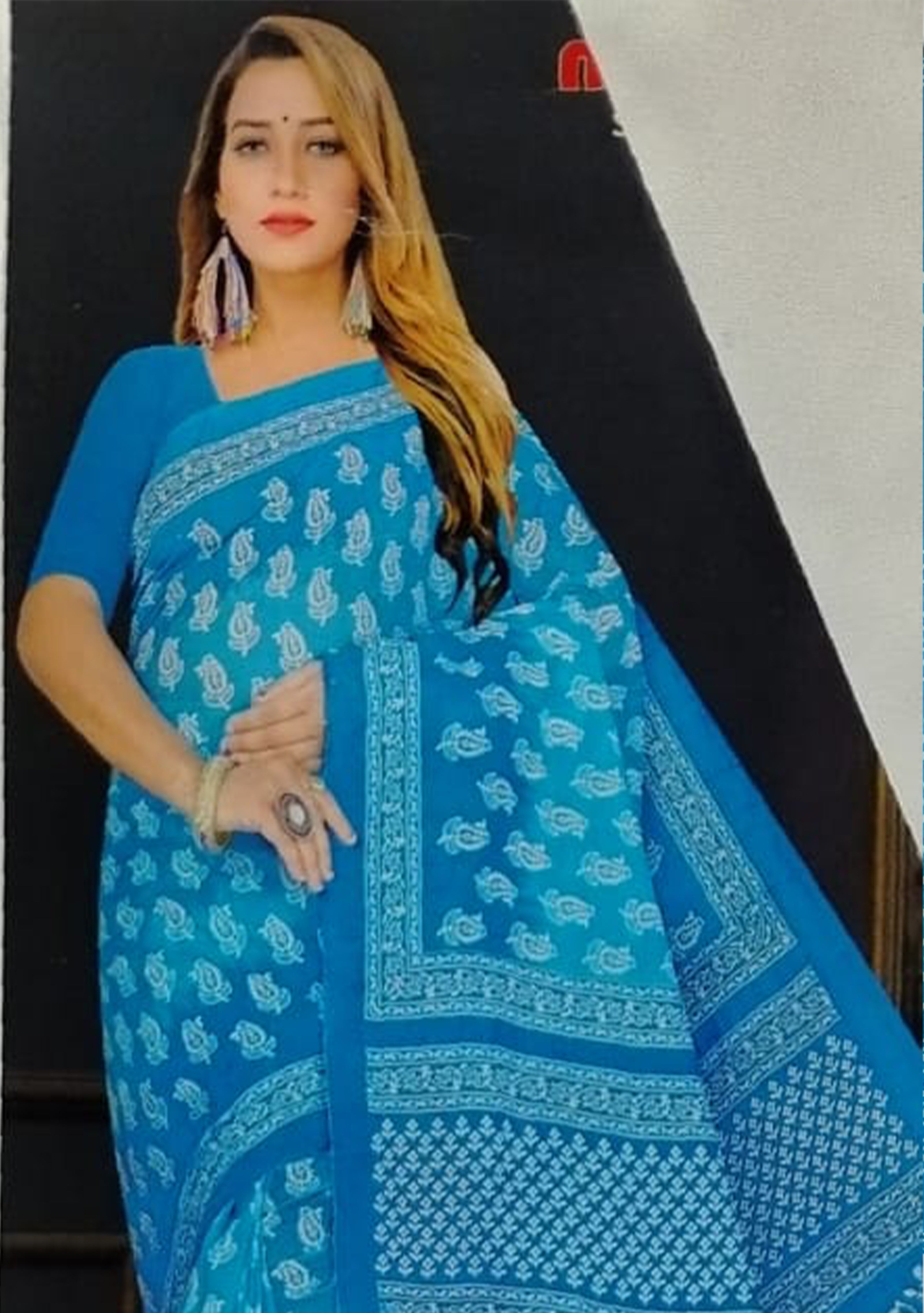 RAJGLOBAL Cotton Blend Printed Saree Blue