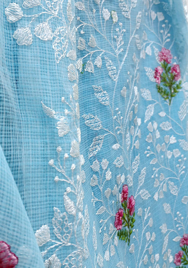 RAJGLOBAL Kota Doria Cotton Blend Suit, Designer Embroidered, 2.5 Metre Top with Dupatta, Pink