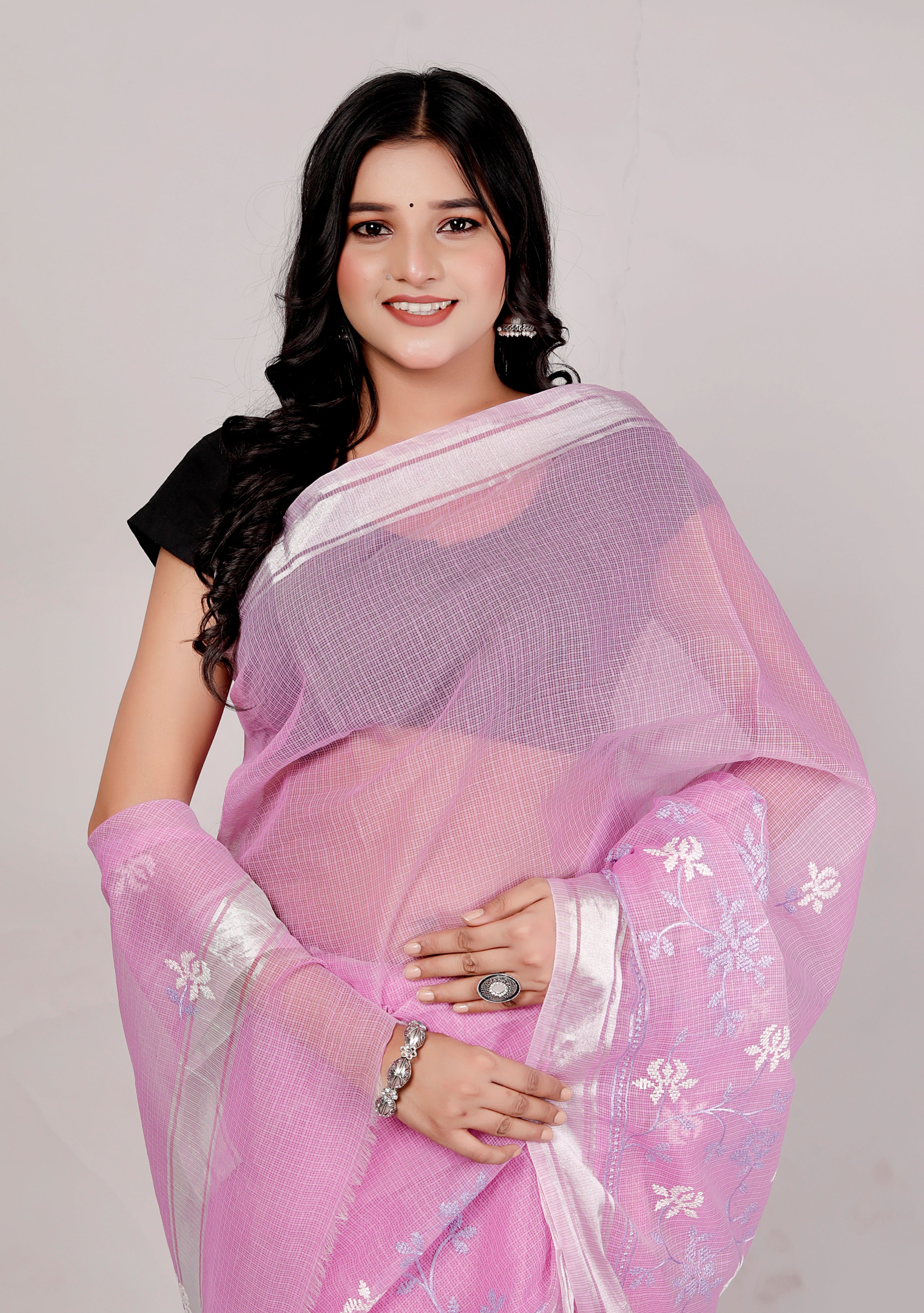 RAJGLOBAL Self Design Embroidered Kota Doria Cotton Blend Saree with Unstitched Blouse purple
