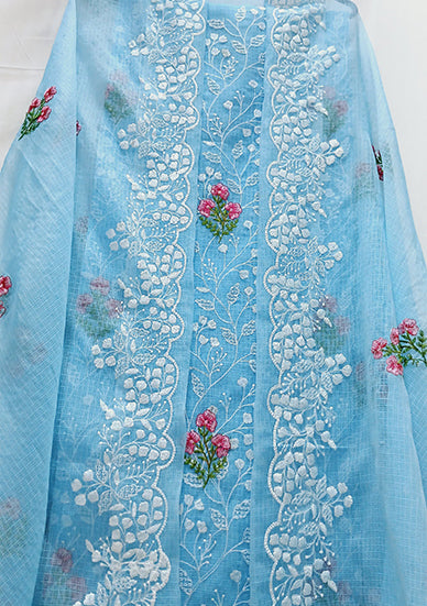 RAJGLOBAL Kota Doria Cotton Blend Suit, Designer Embroidered, 2.5 Metre Top with Dupatta, Pink