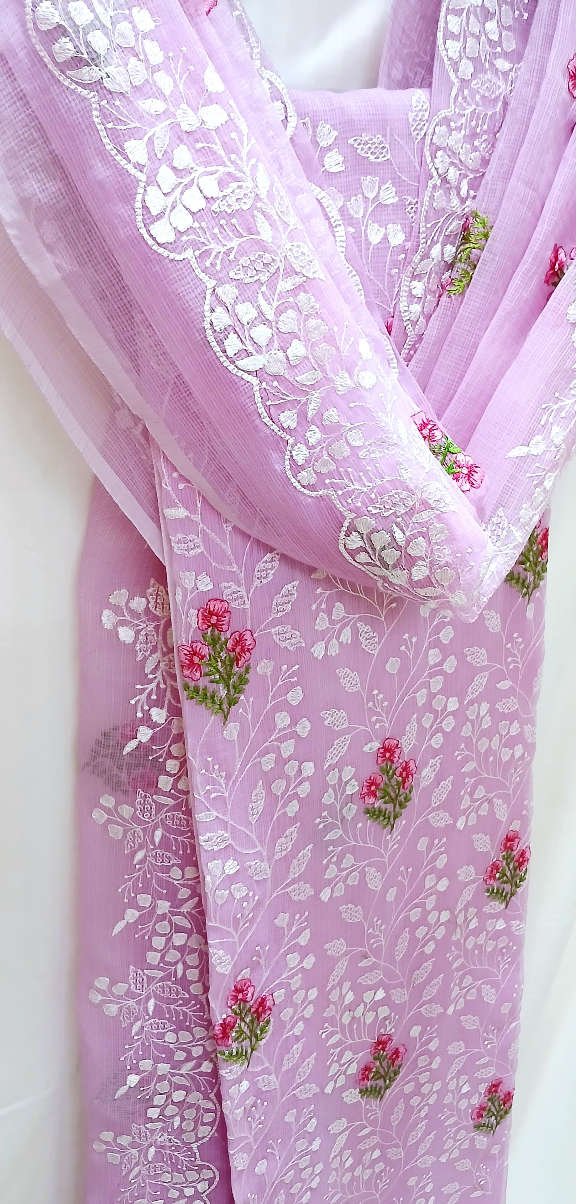 RAJGLOBAL Kota Doria Cotton Blend Suit, Designer Embroidered, 2.5 Metre Top with Dupatta, Pink