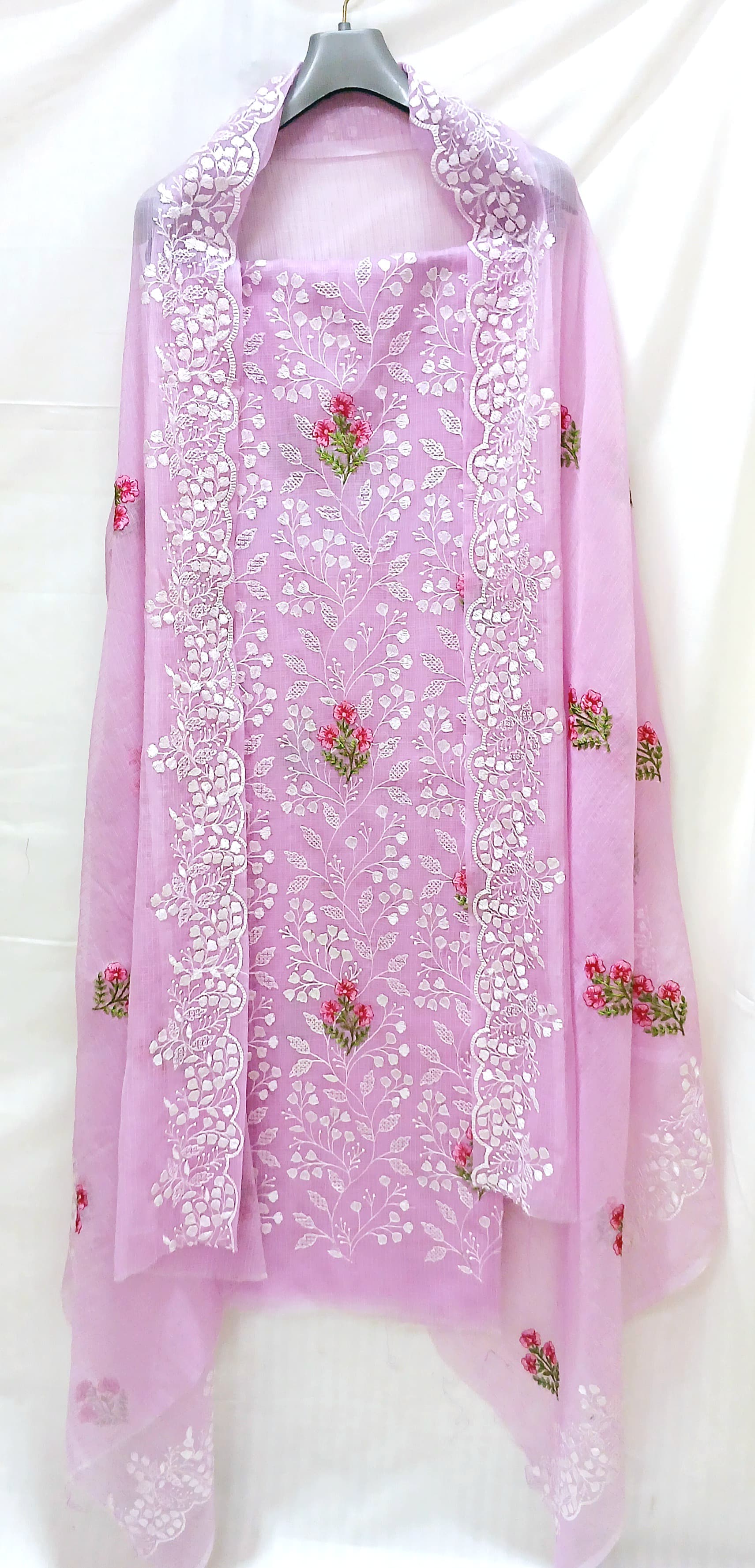 RAJGLOBAL Kota Doria Cotton Blend Suit, Designer Embroidered, 2.5 Metre Top with Dupatta, Pink