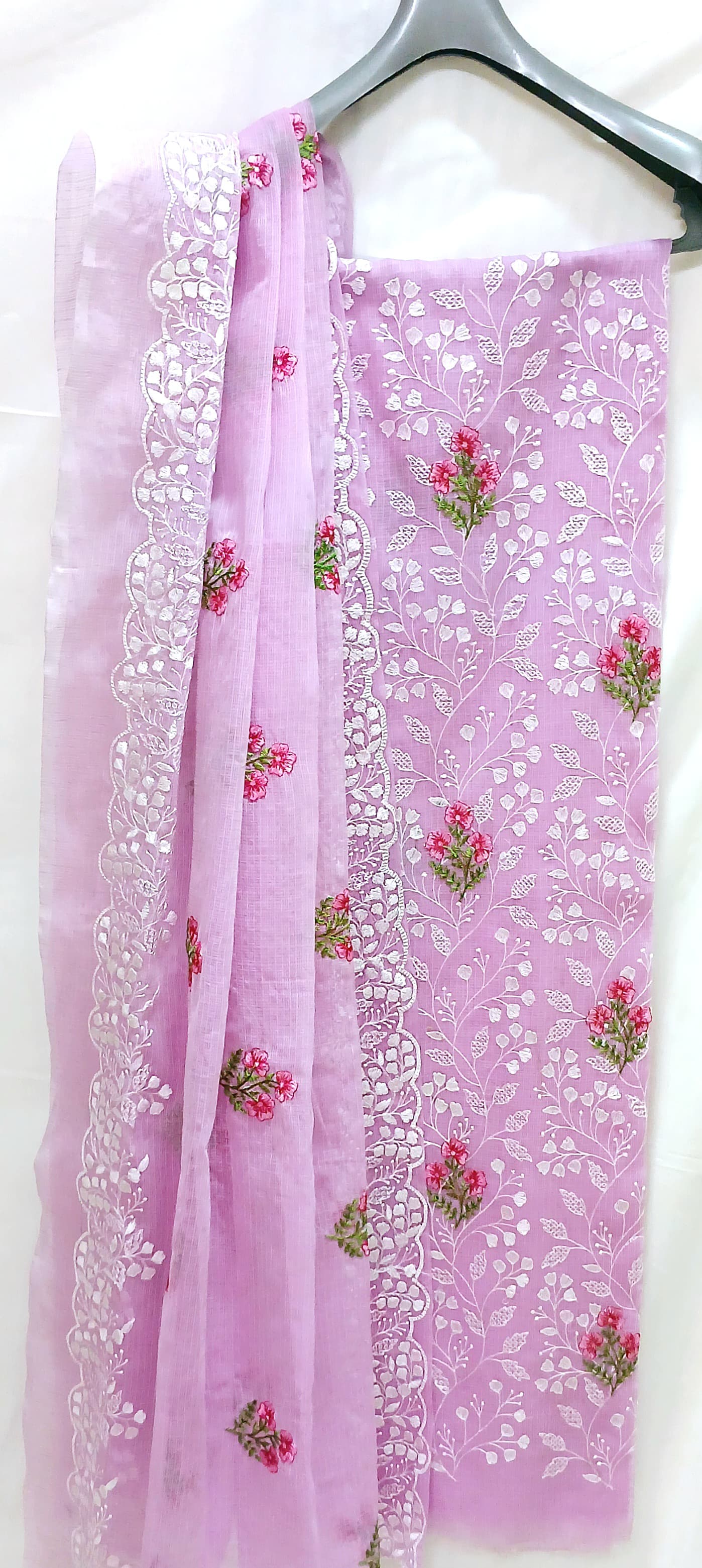 RAJGLOBAL Kota Doria Cotton Blend Suit, Designer Embroidered, 2.5 Metre Top with Dupatta, Pink